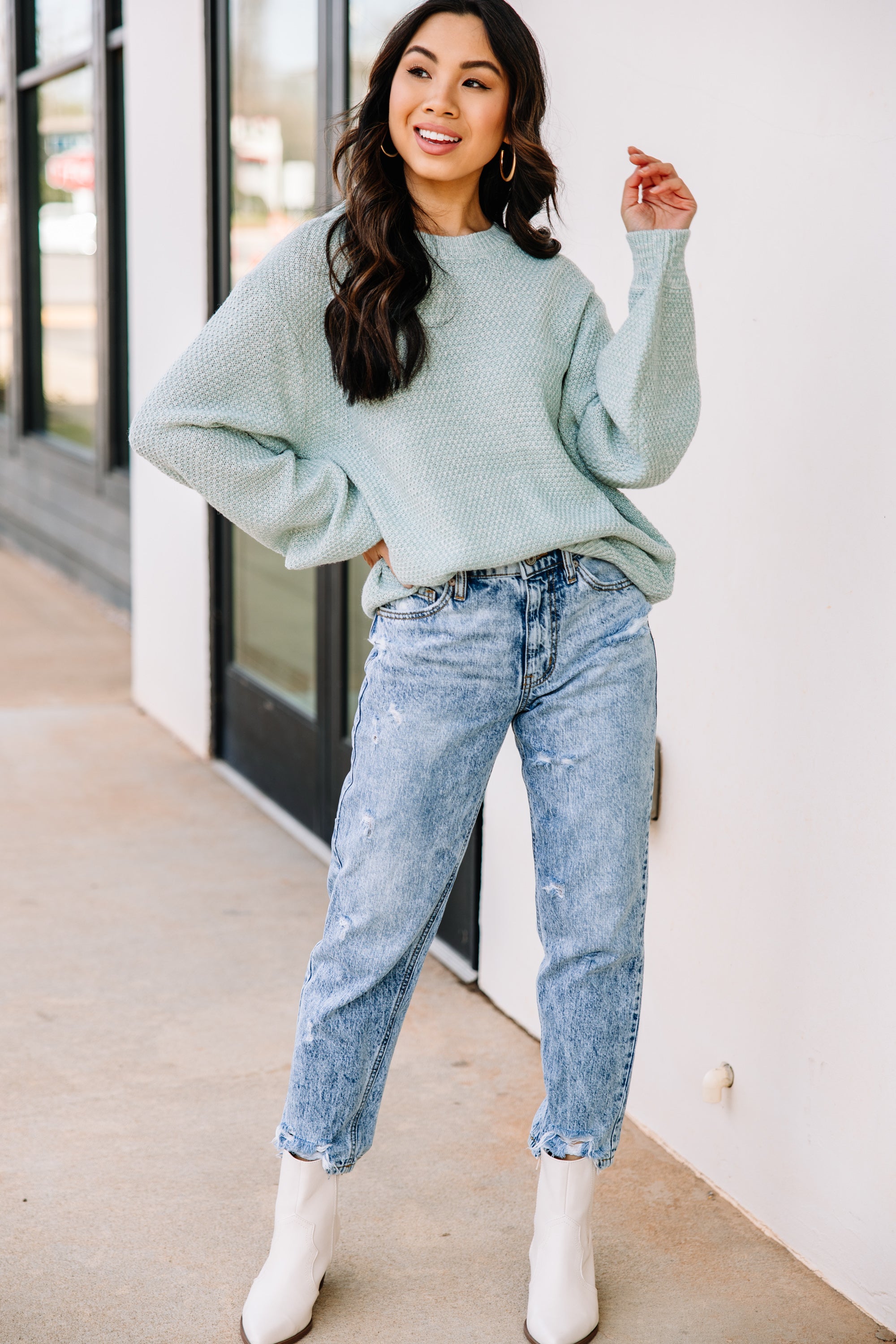 CHIRNAISHOP - The Slouchy Light Green Bubble Sleeve Sweater