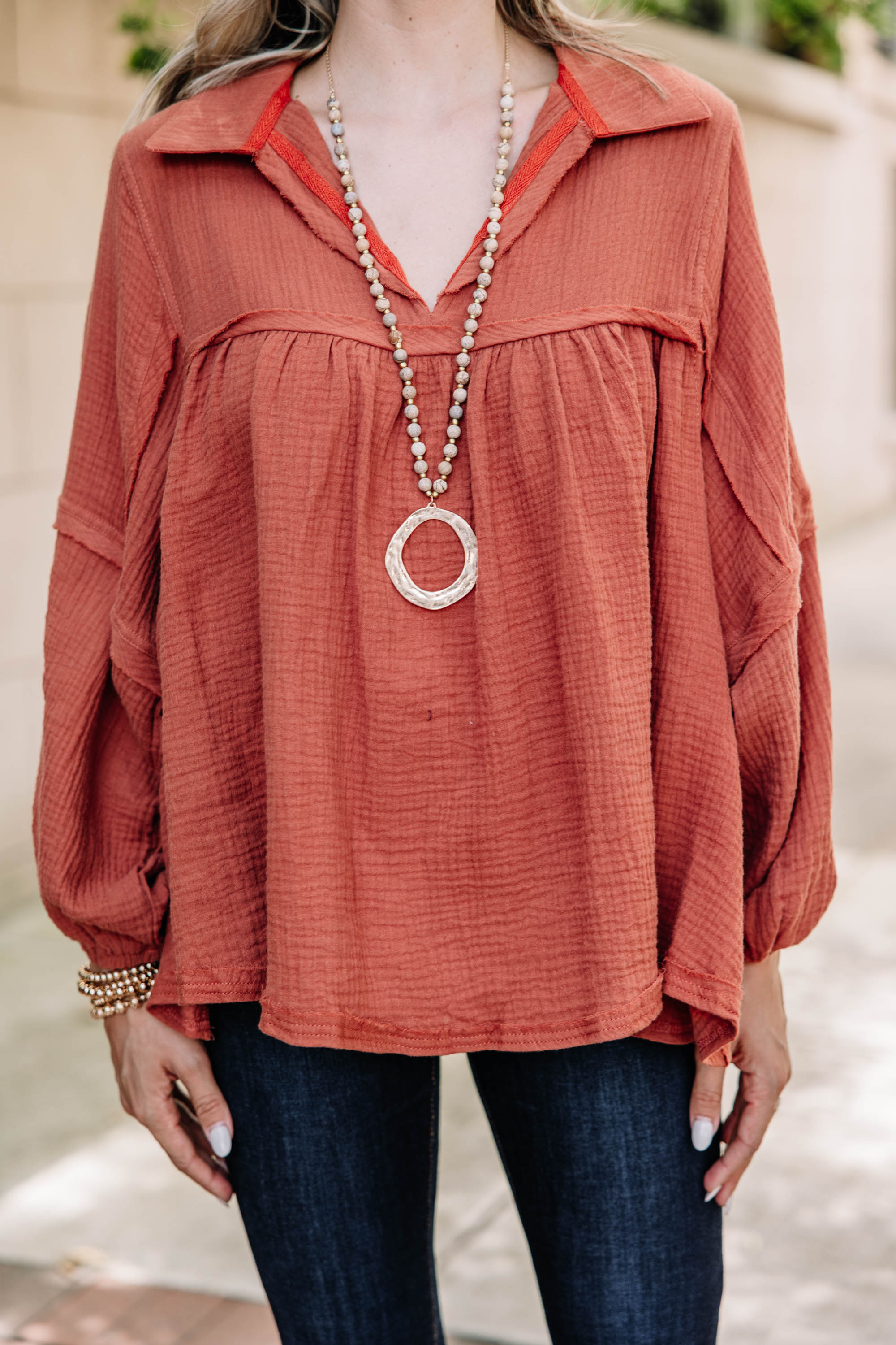 CHIRNAISHOP - Love Life Rust Orange Babydoll Top