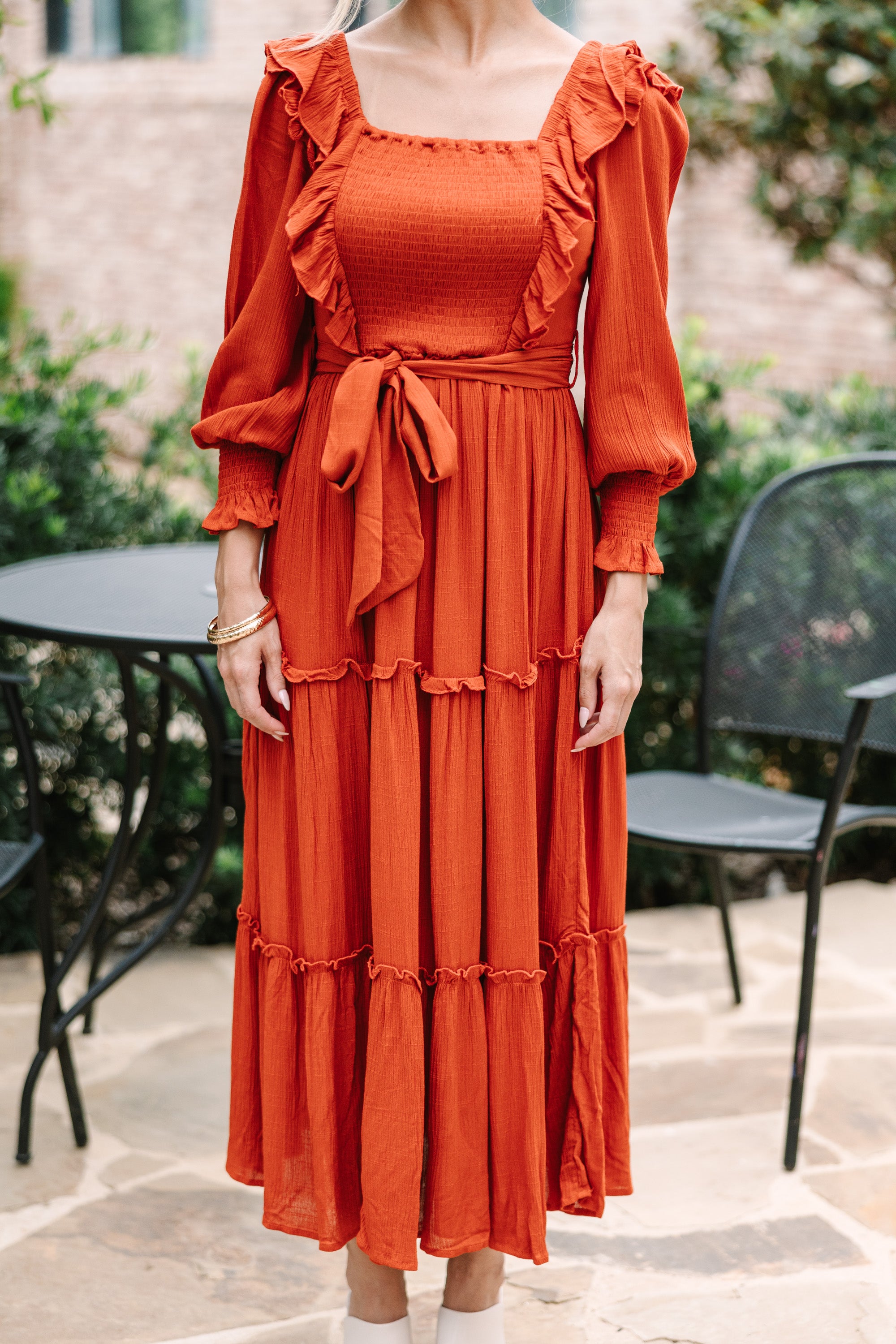 CHIRNAISHOP - Feel Your Love Rust Orange Ruffled Midi Dress