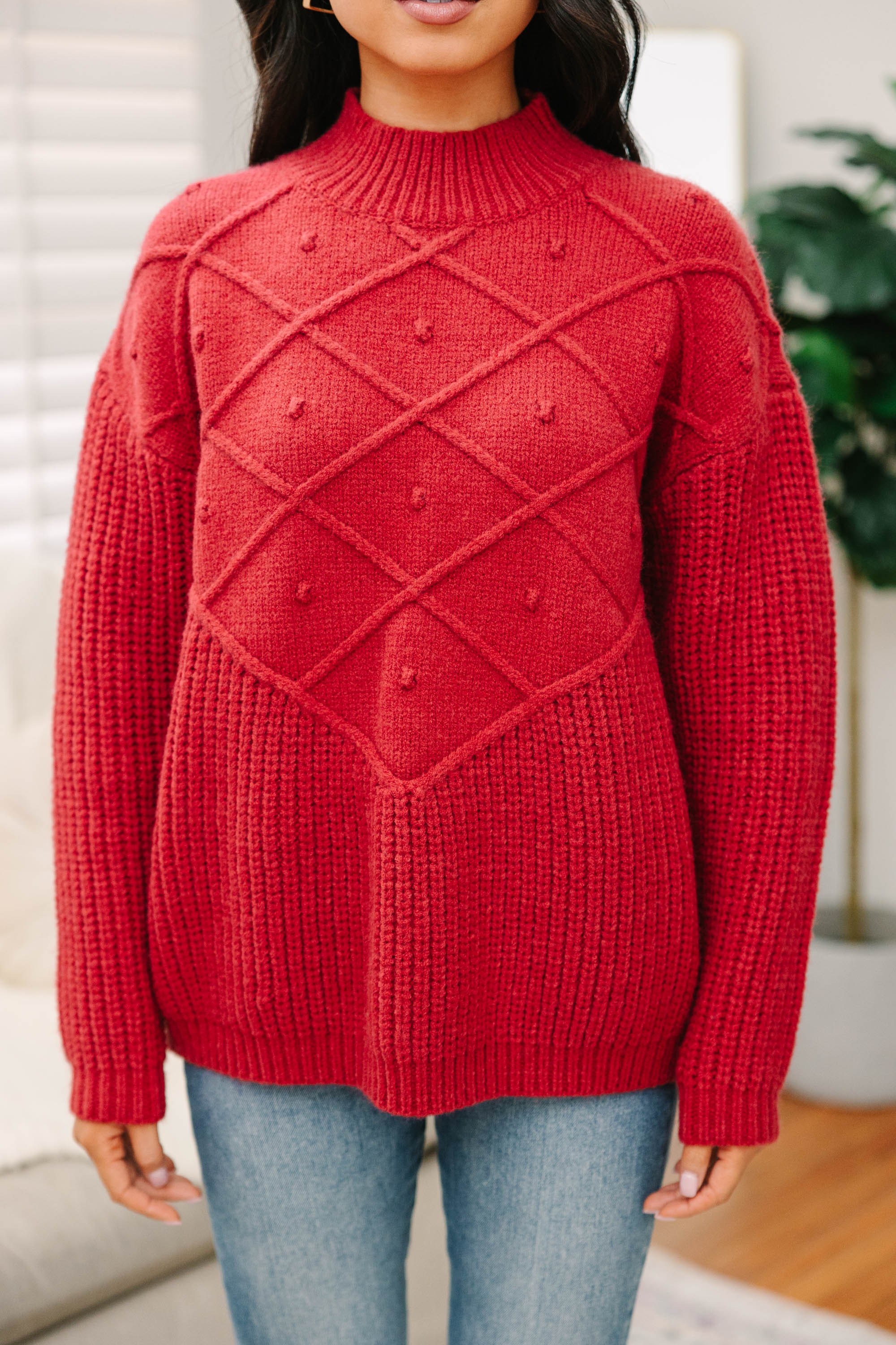 CHIRNAISHOP - More Than You Know Burgundy Red Mock Neck Sweater