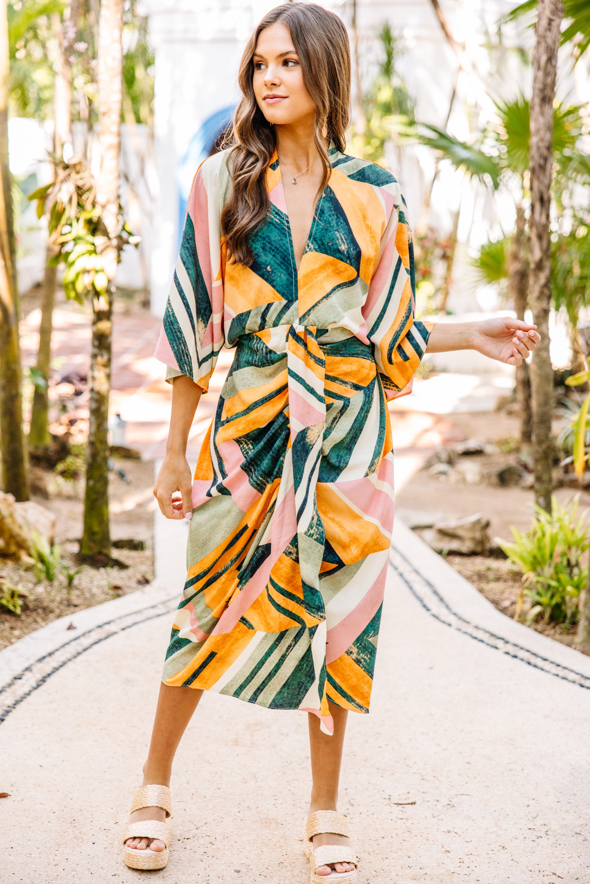 CHIRNAISHOP - Vintage Resort Green Abstract Midi Dress