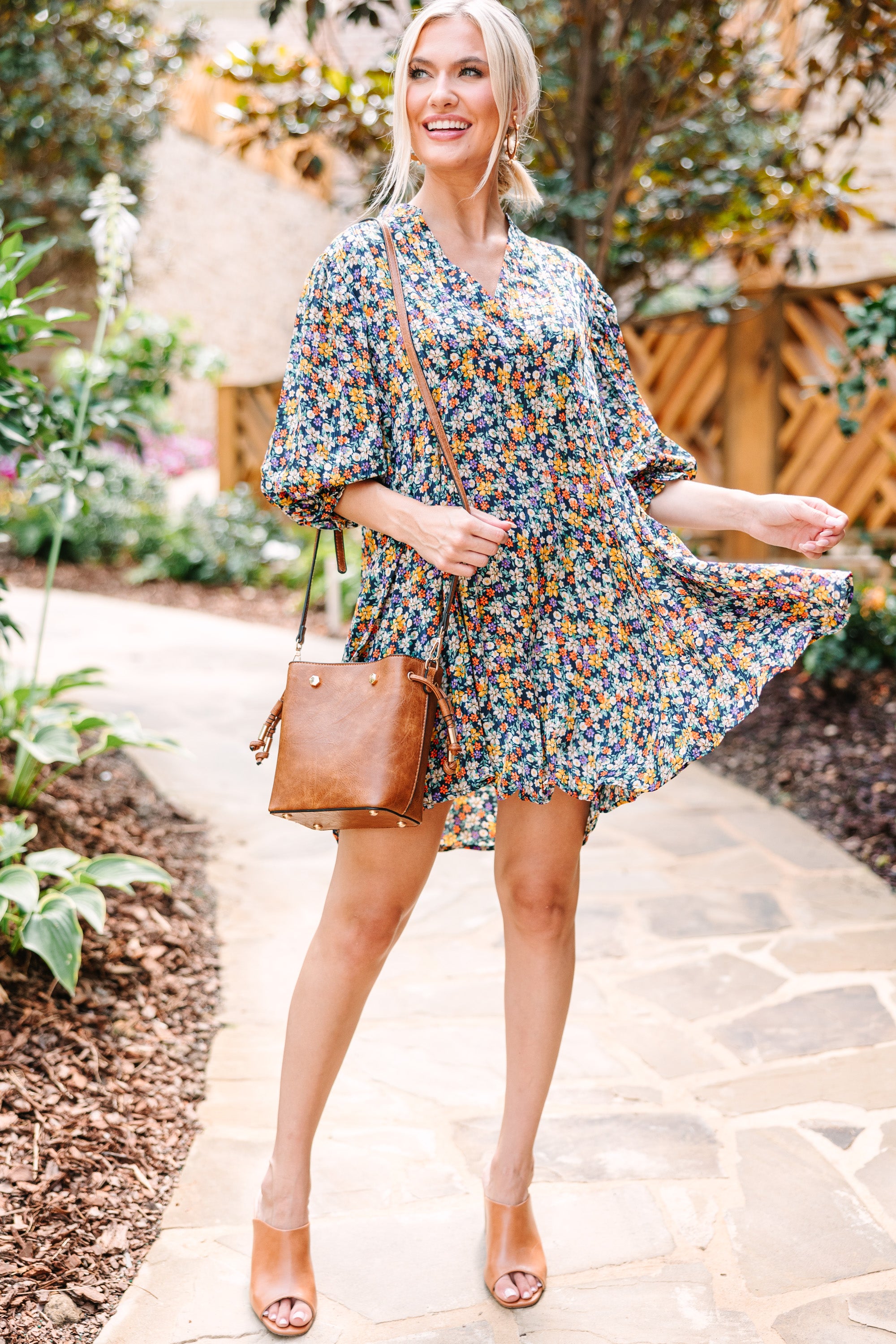 CHIRNAISHOP - Dance For Hours Navy Blue Ditsy Floral Dress