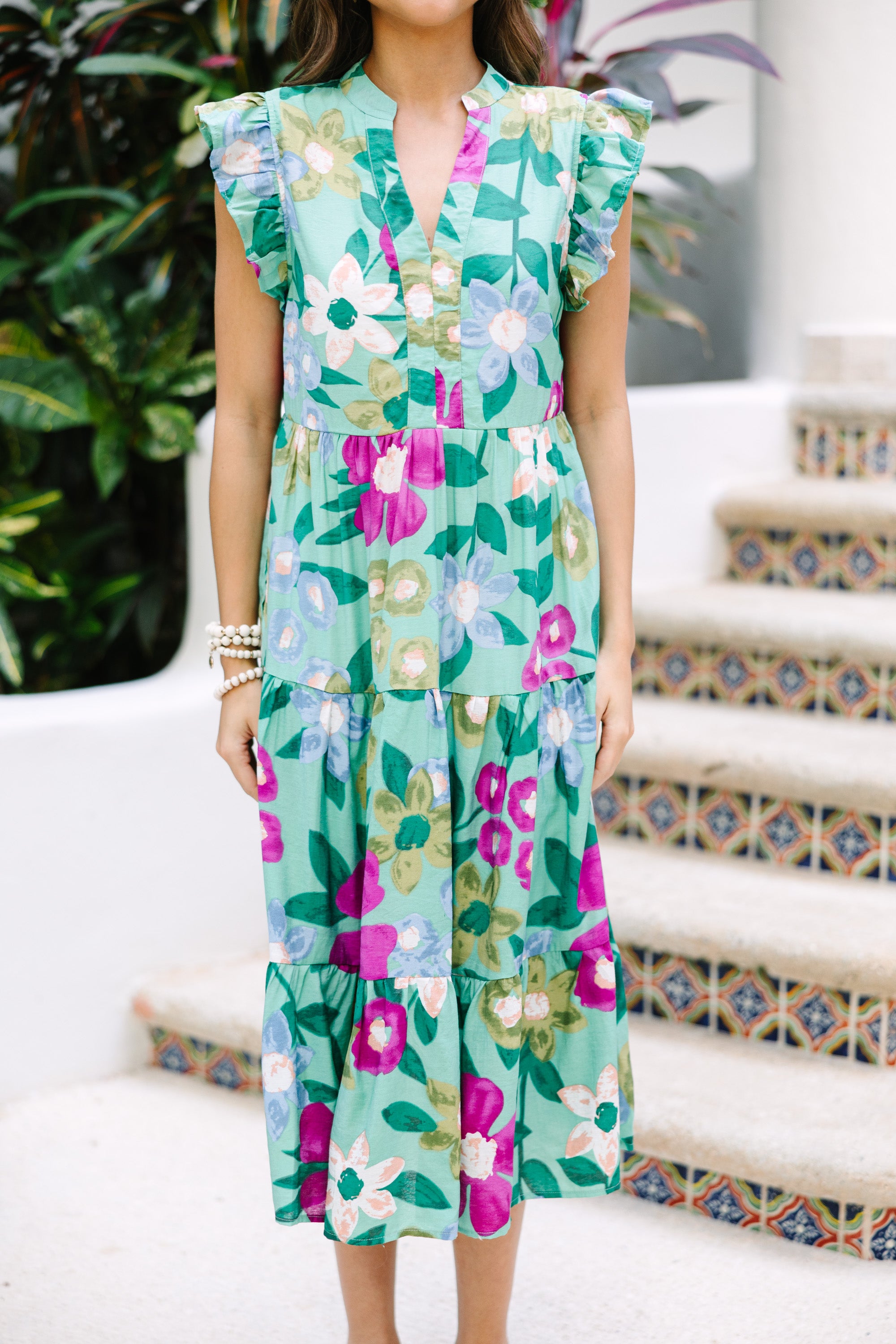 CHIRNAISHOP - Created Beauty Sage Green Floral Midi Dress
