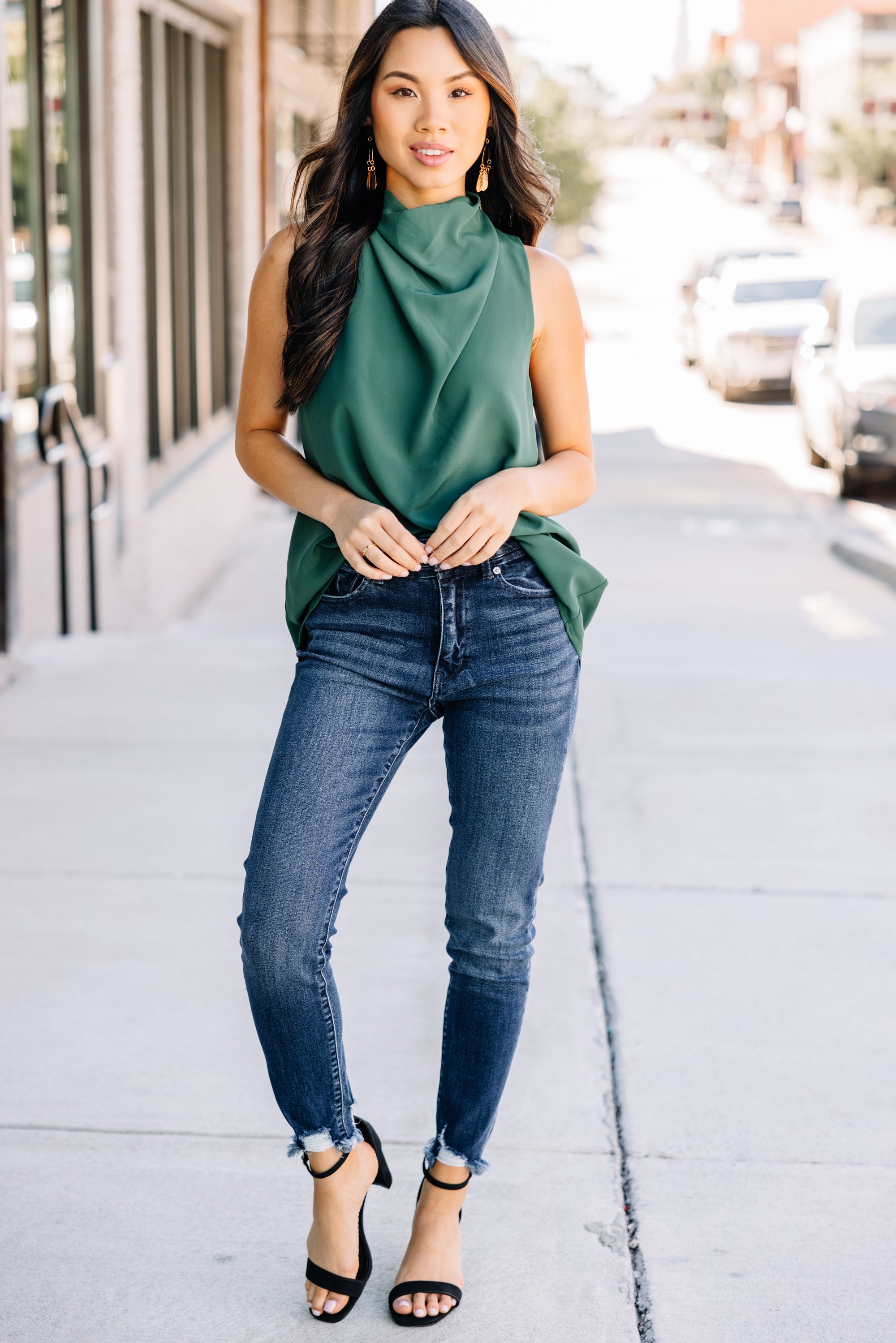 CHIRNAISHOP - Tell Your Story Hunter Green Cowl Neck Tank