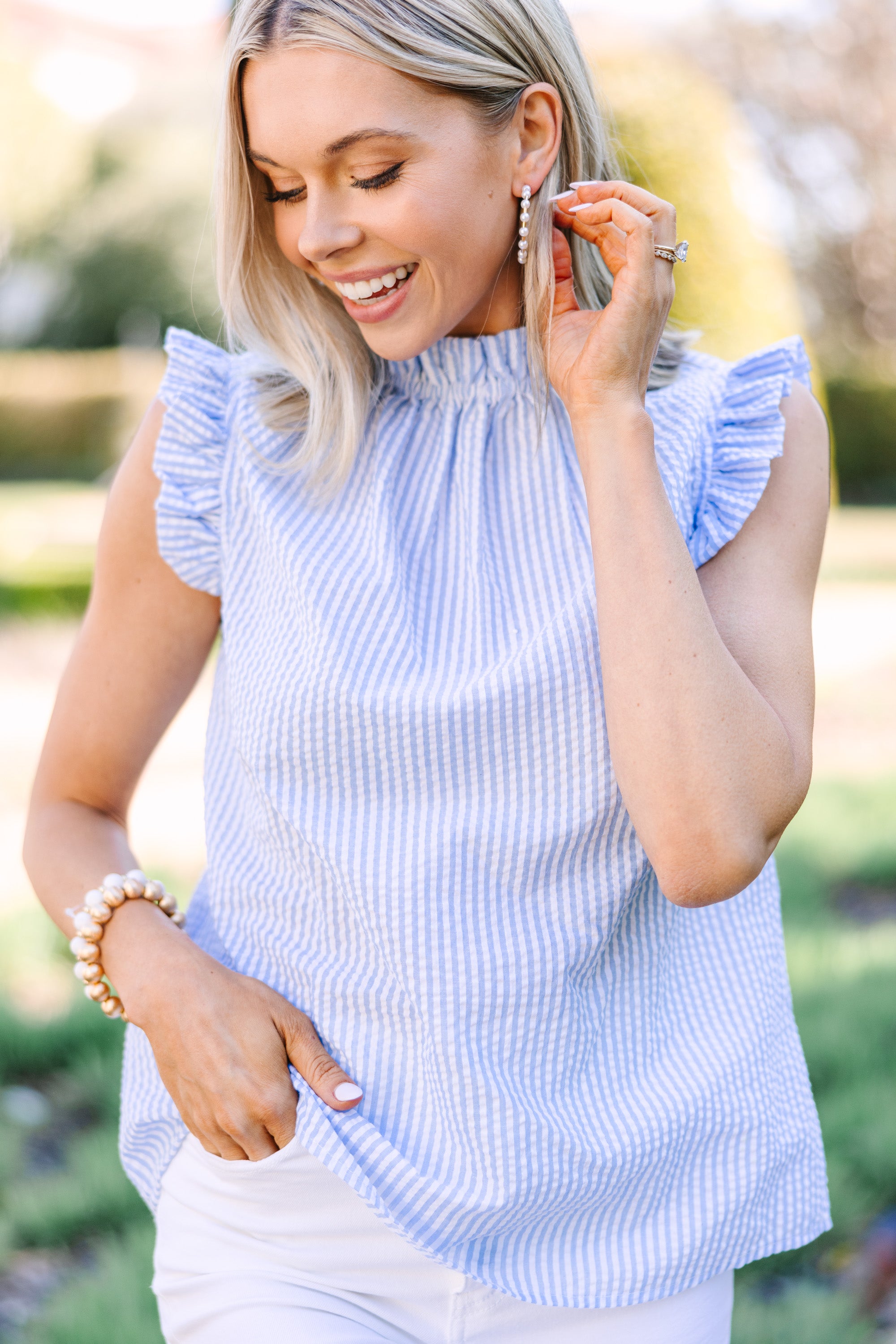 CHIRNAISHOP - Need You More Navy Blue Seersucker Top