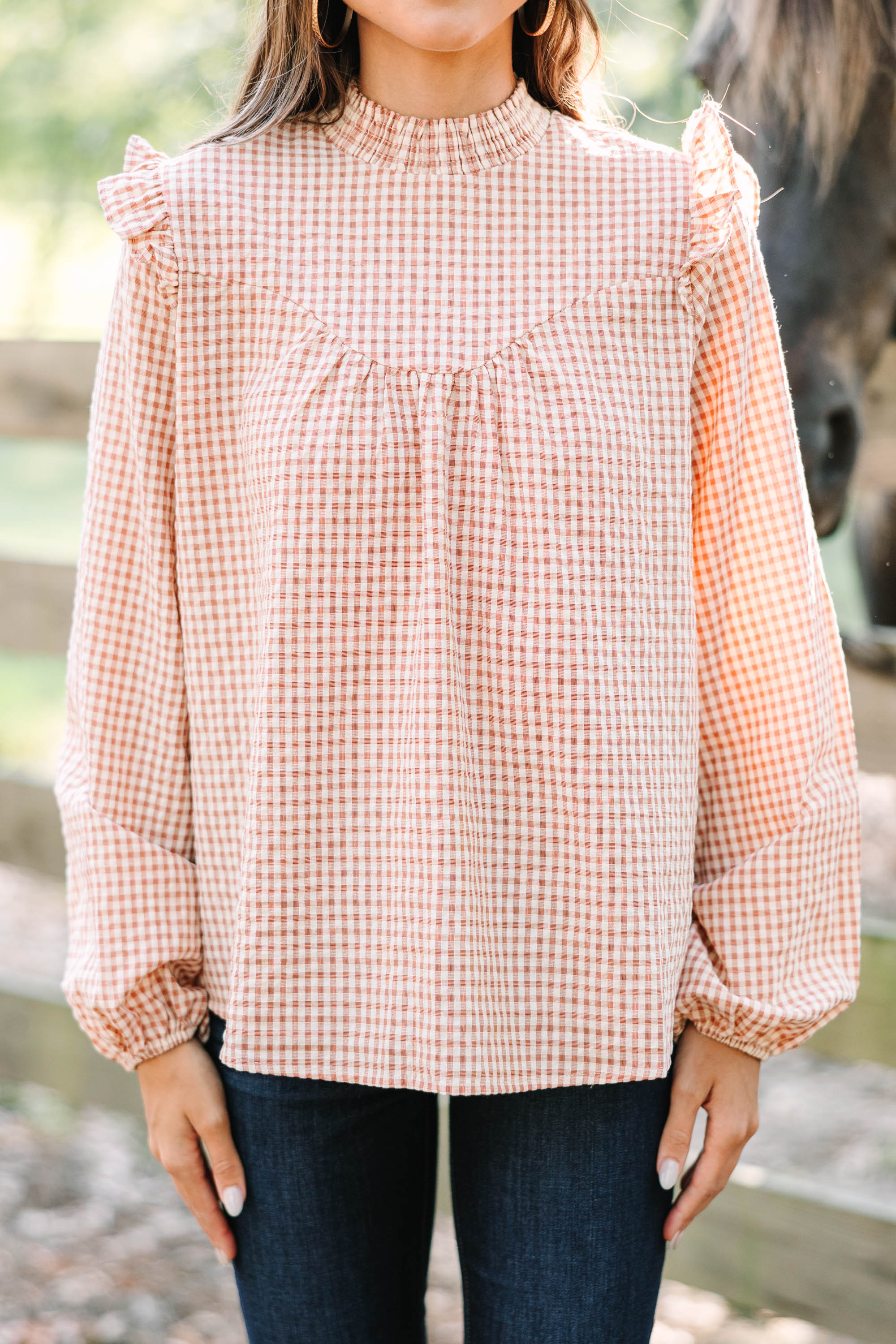 CHIRNAISHOP - Find You Well Rust Orange Gingham Blouse