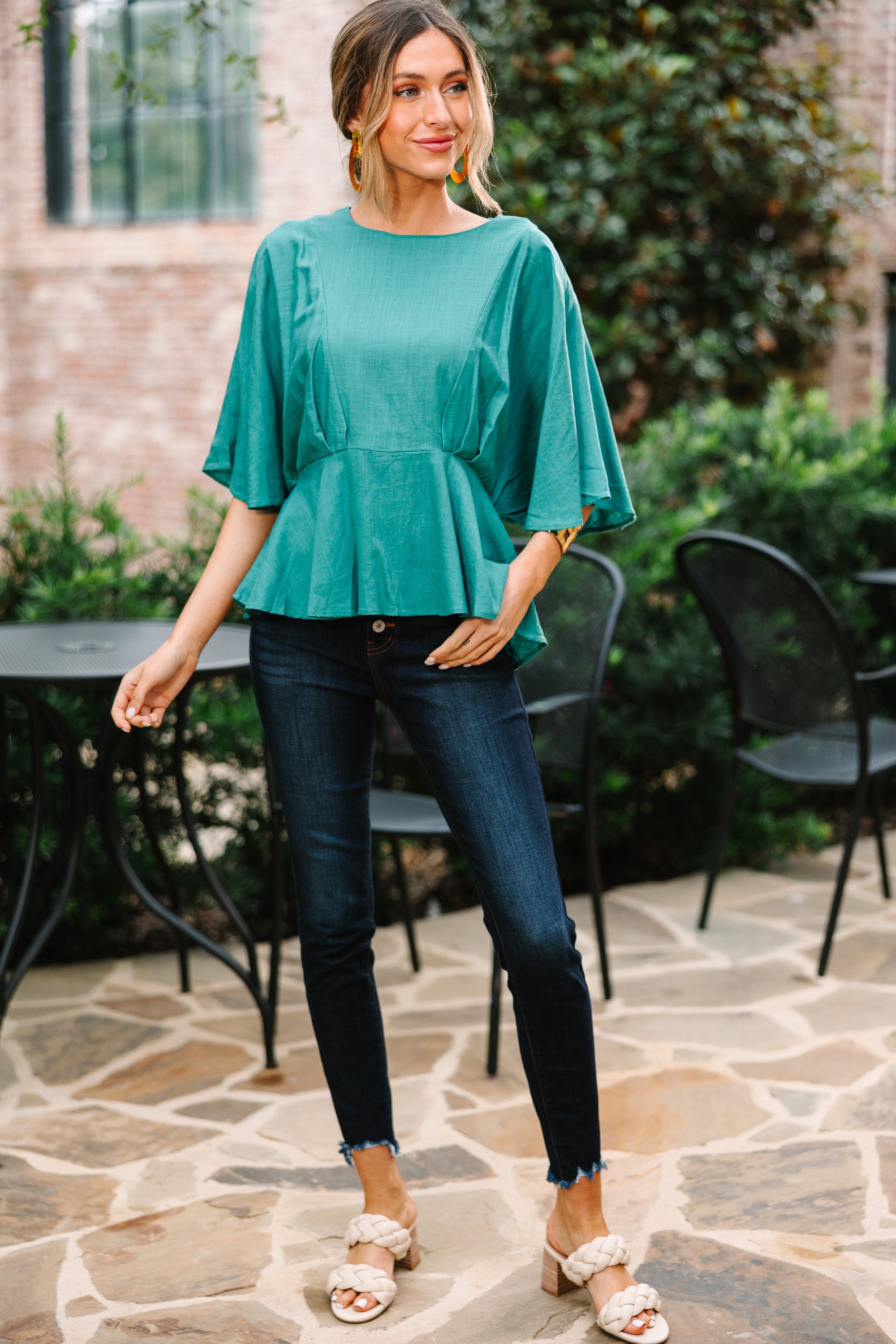 CHIRNAISHOP - Tell Me Everything Jade Green Peplum Linen Top