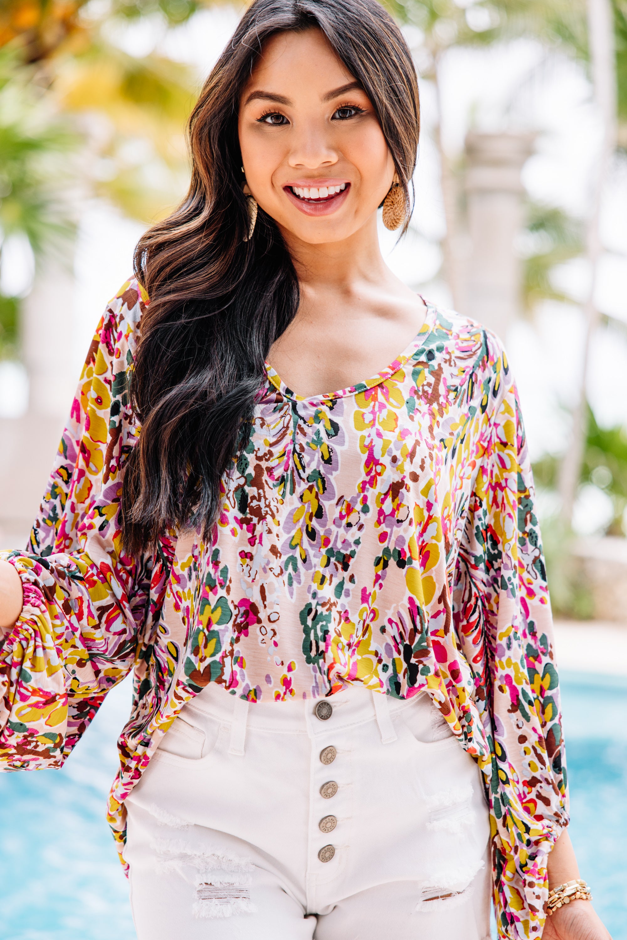 CHIRNAISHOP - Just You Wait Tan & Chartreuse Floral Blouse