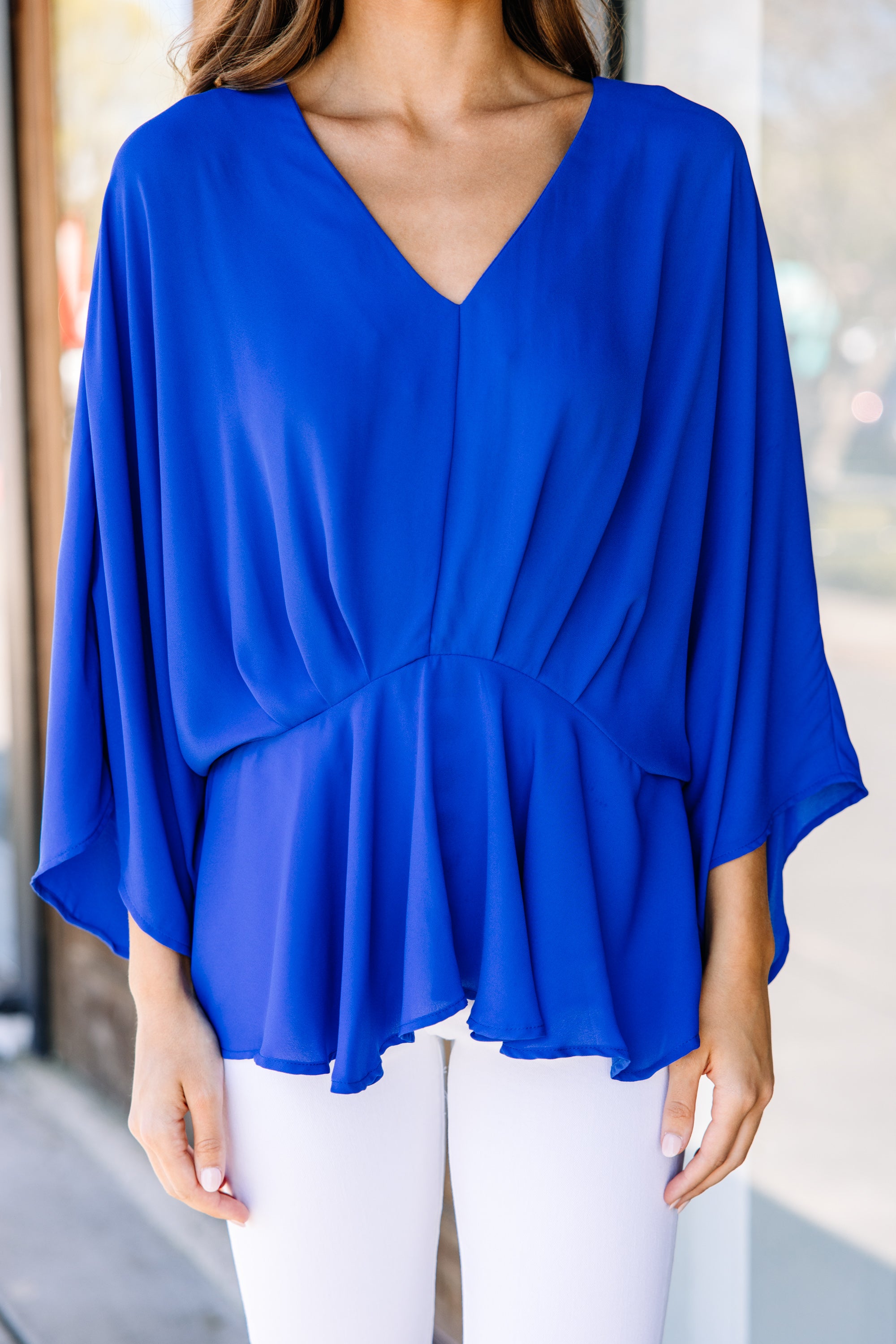 CHIRNAISHOP - Tell It All Royal Blue Kimono Sleeve Blouse