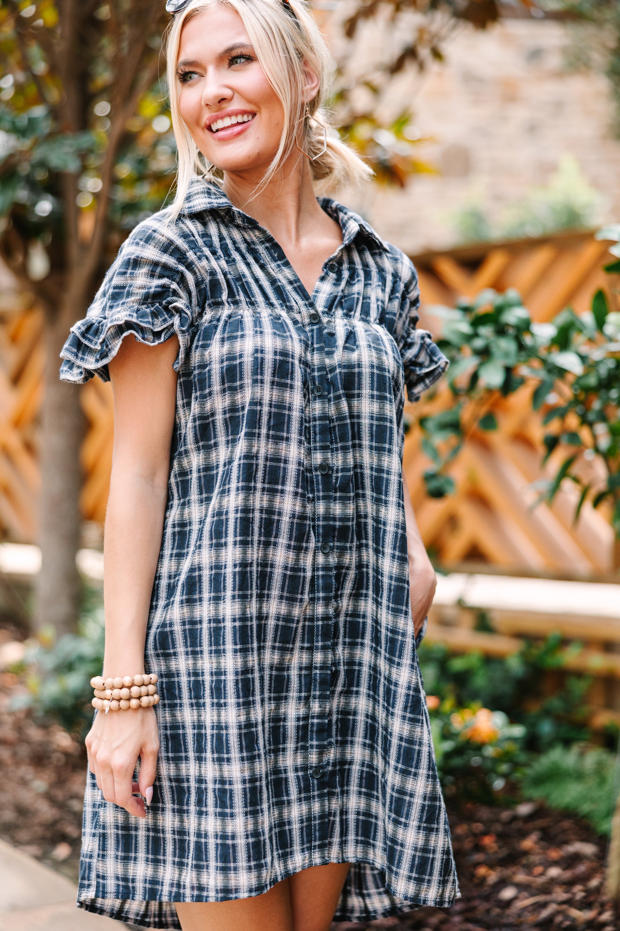 CHIRNAISHOP - Sweet Aspirations Navy Blue Plaid Dress