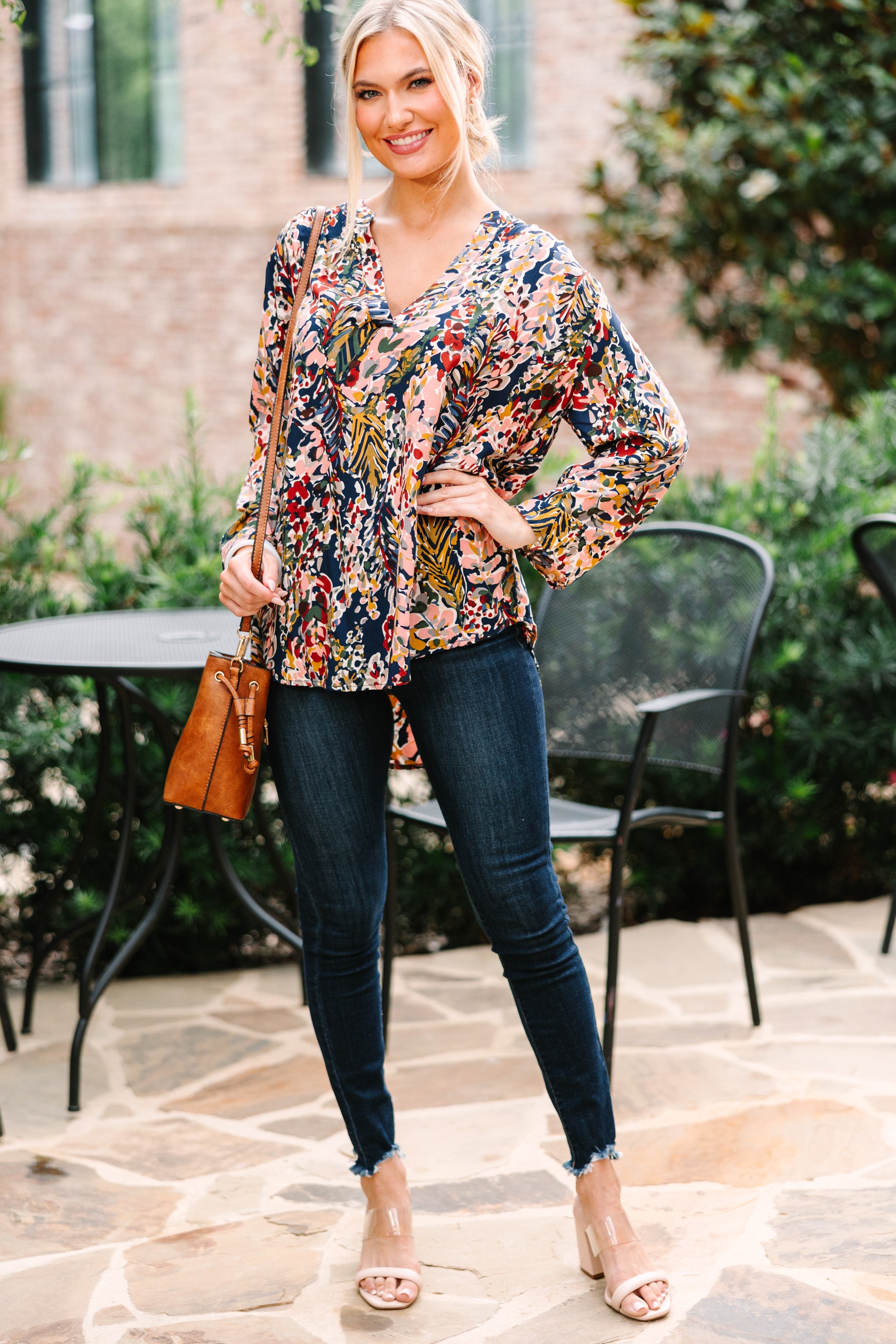 CHIRNAISHOP - Waiting On Love Navy and Rust 3/4 Sleeve Floral Top