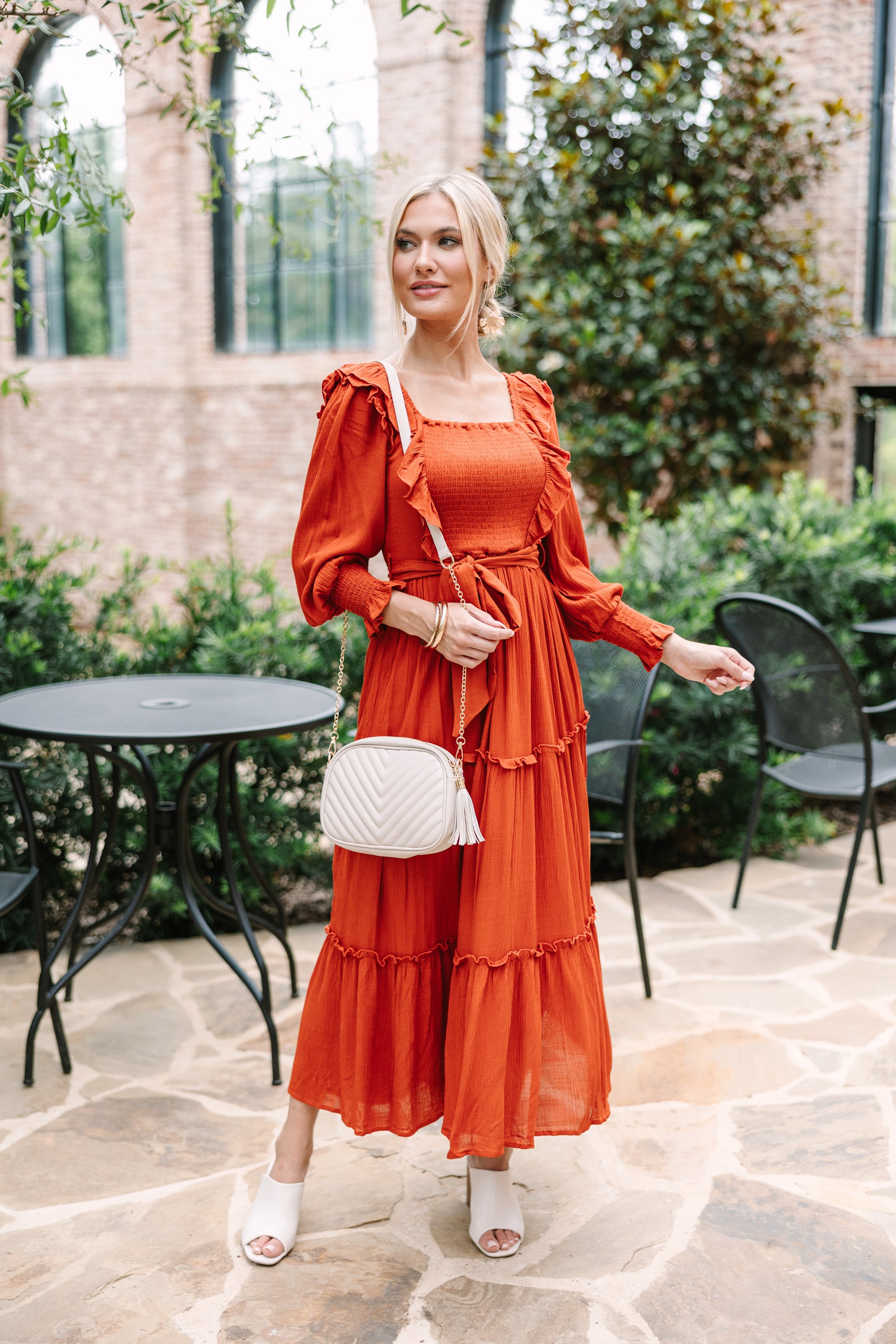 CHIRNAISHOP - Feel Your Love Rust Orange Ruffled Midi Dress