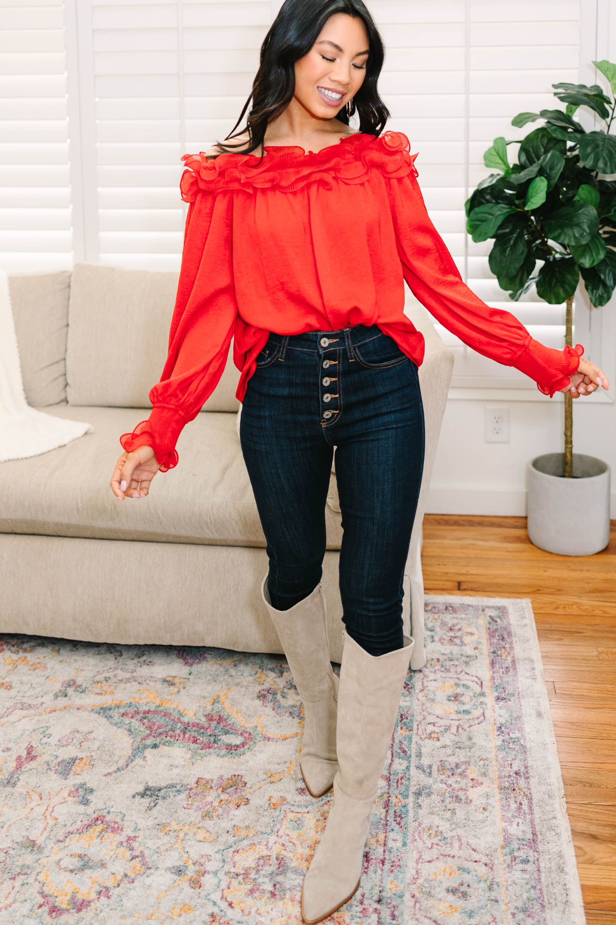 CHIRNAISHOP - Offer Your Love Red Ruffled Blouse