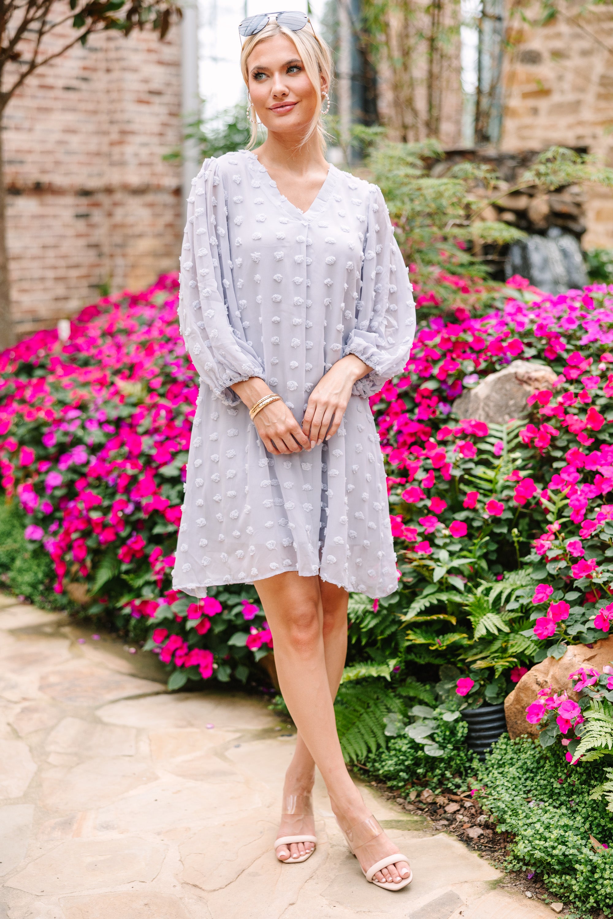 CHIRNAISHOP - Good To Know Silver Gray Swiss Dot Shift Dress