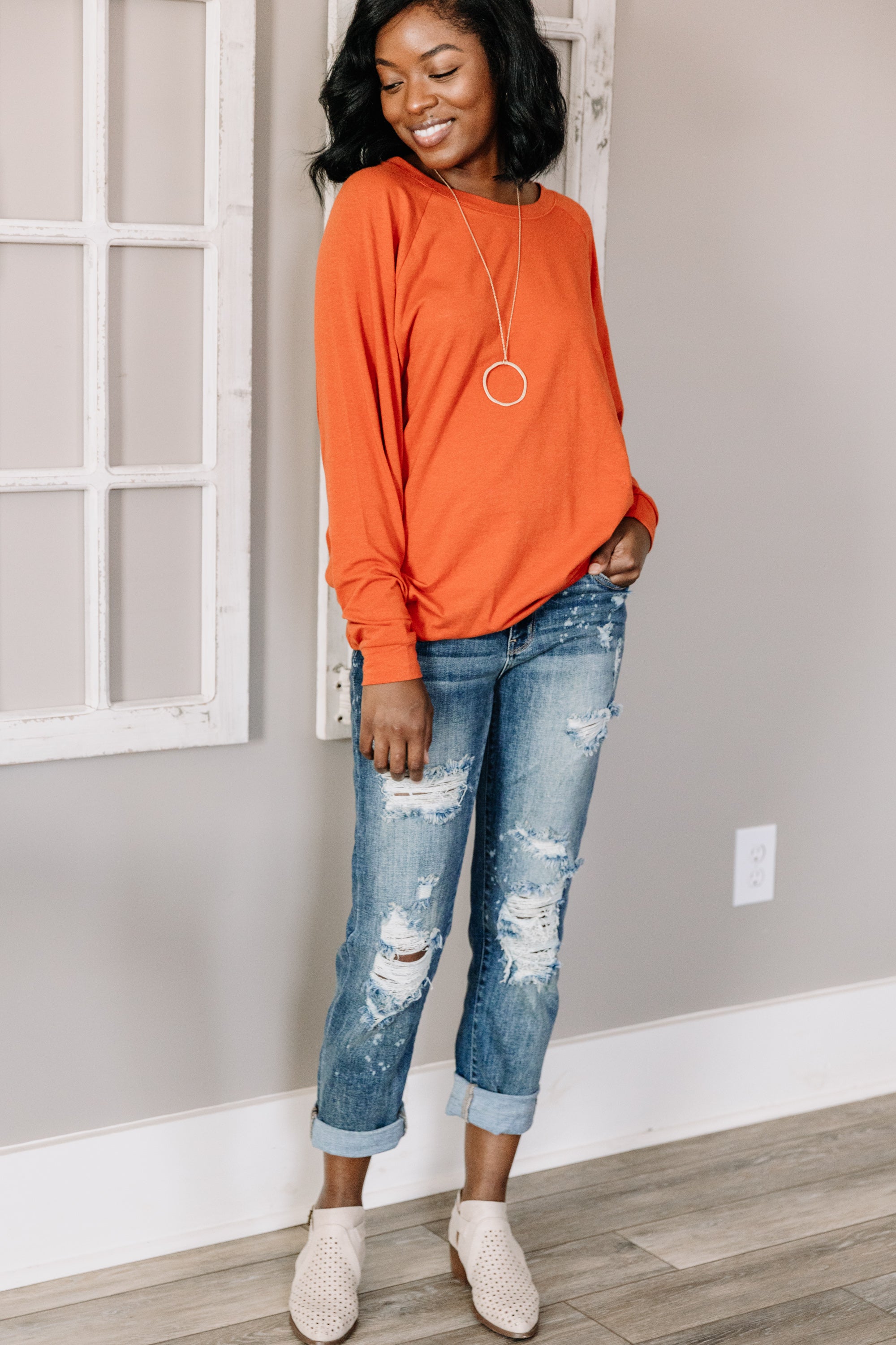 CHIRNAISHOP - Slouchy Dolman Rust Orange Long Sleeve Tunic