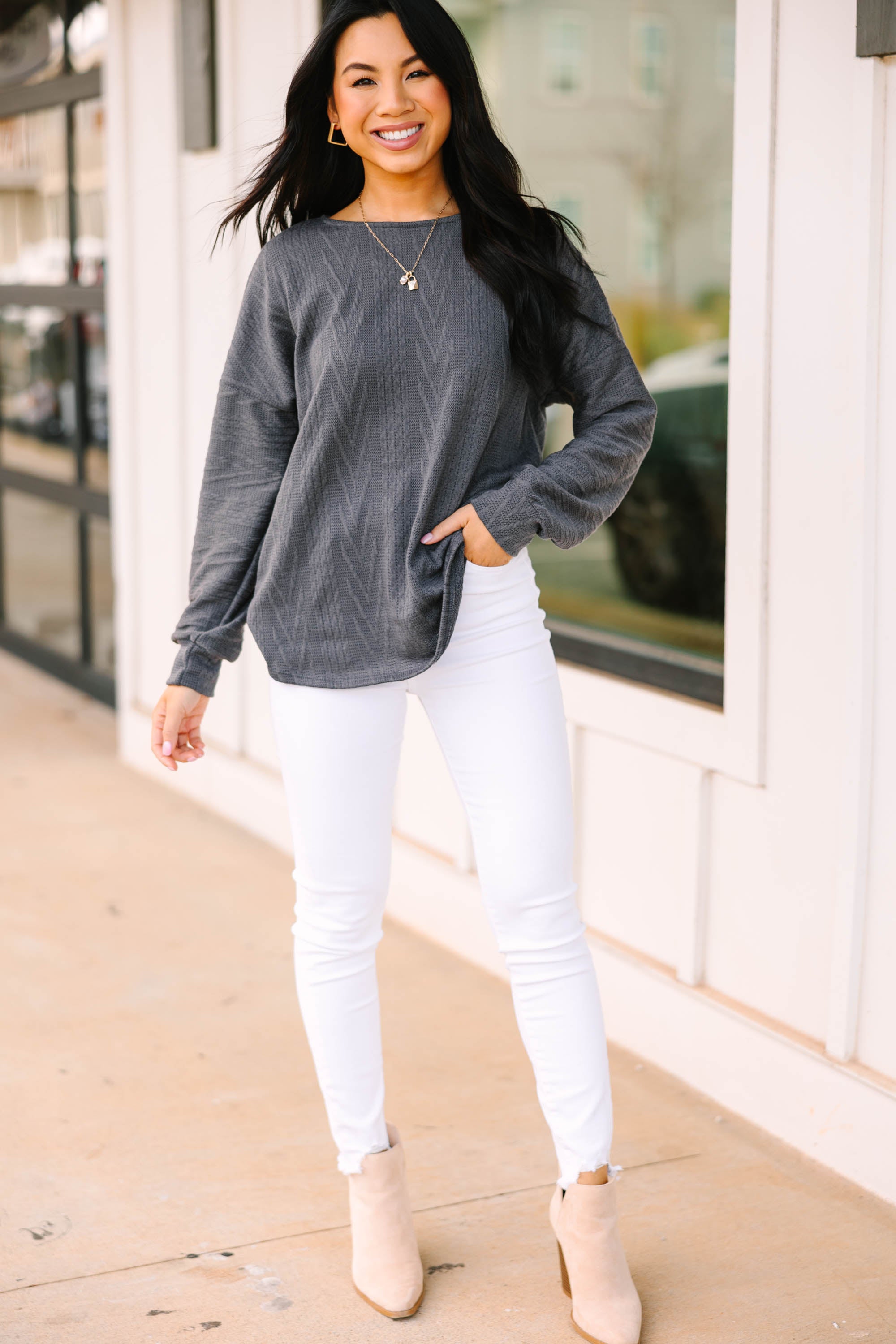 CHIRNAISHOP - The Slouchy Ash Gray Cable Knit Top