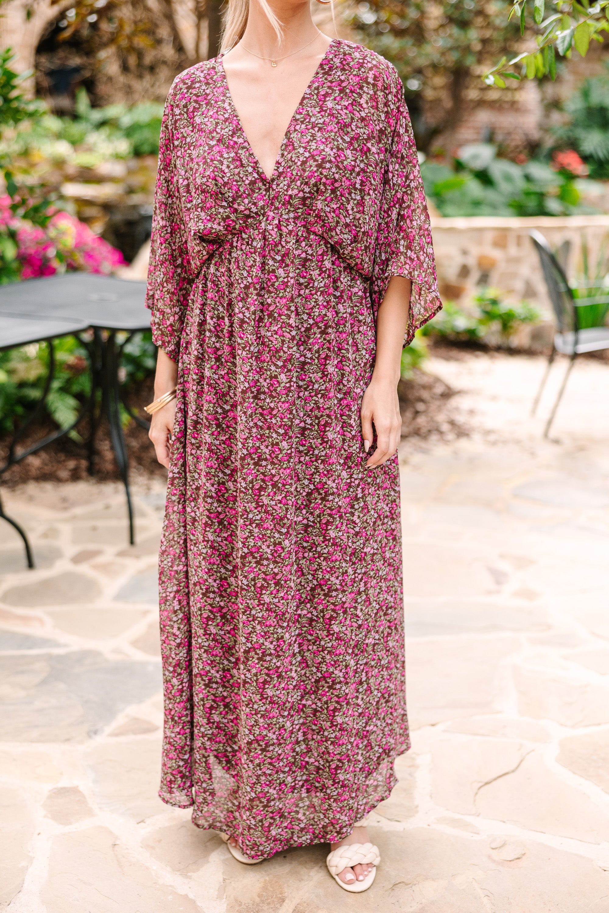 CHIRNAISHOP - Thinking Of You Burgundy Red Ditsy Floral Maxi Dress