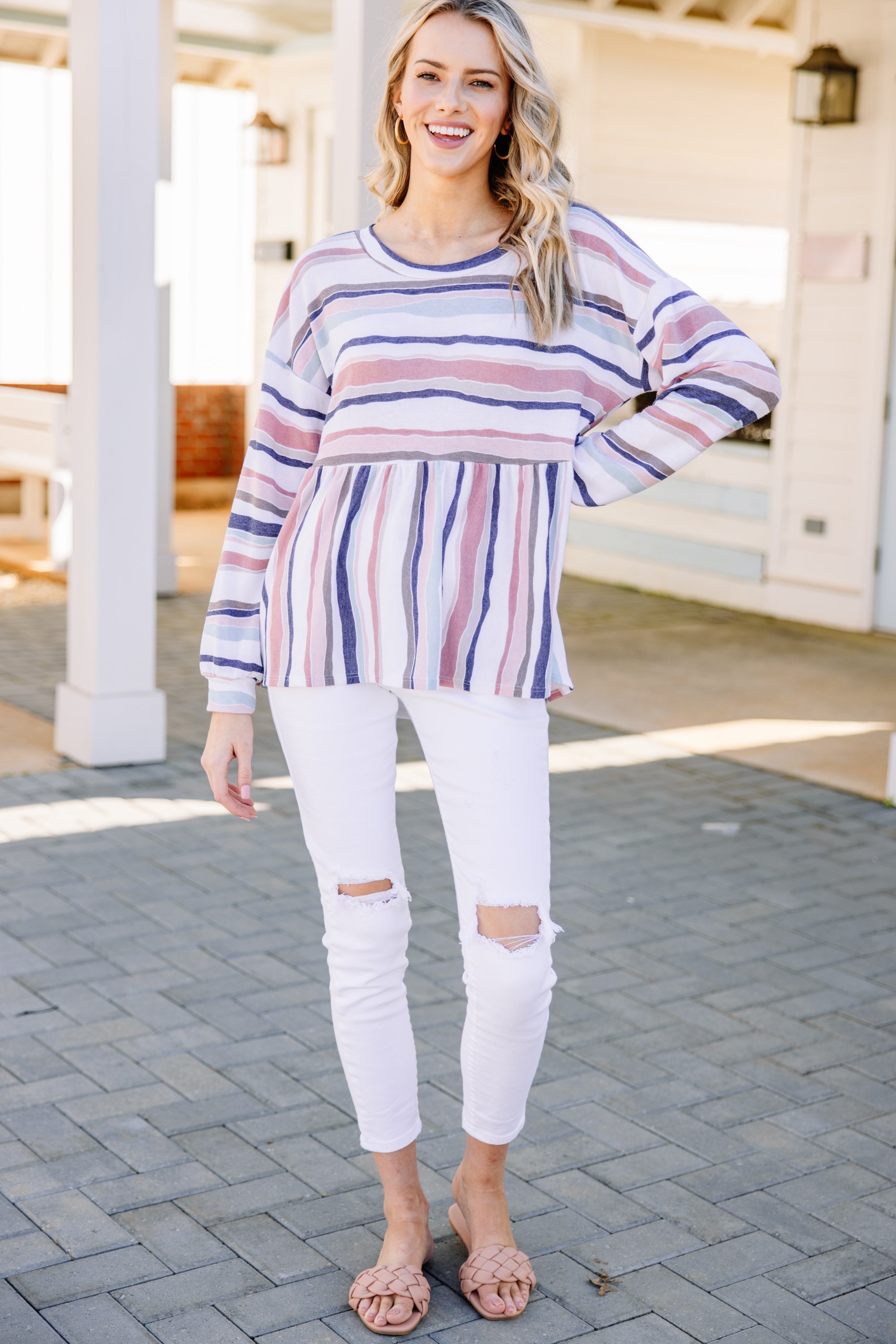 CHIRNAISHOP - Let's Find Out Coral Orange Striped Bubble Sleeve Top