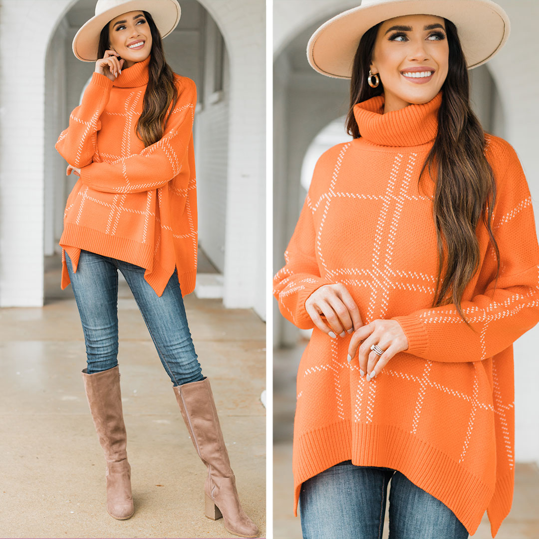 CHIRNAISHOP - Mountain Views Orange Plaid Sweater