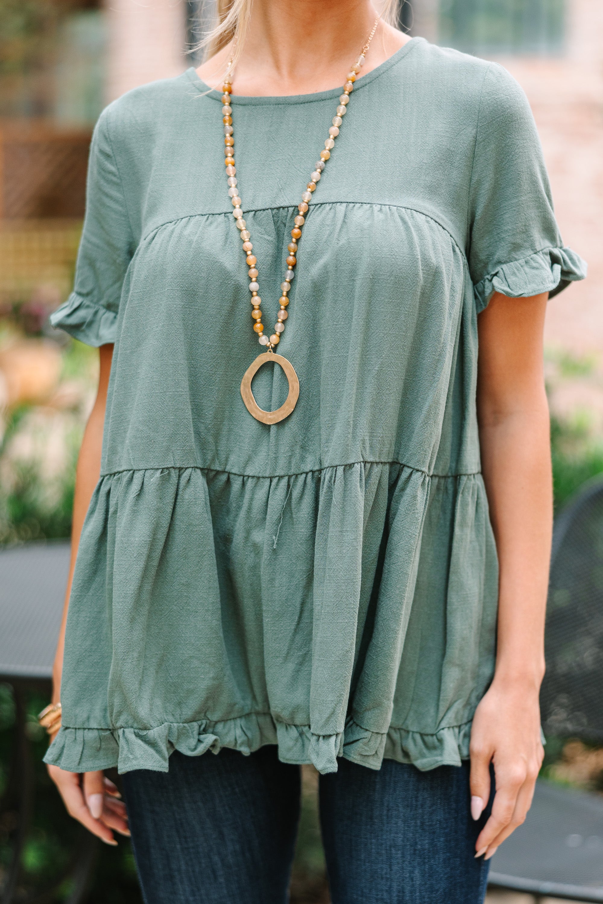 CHIRNAISHOP - All Eyes On Me Lagoon Green Linen Babydoll Top