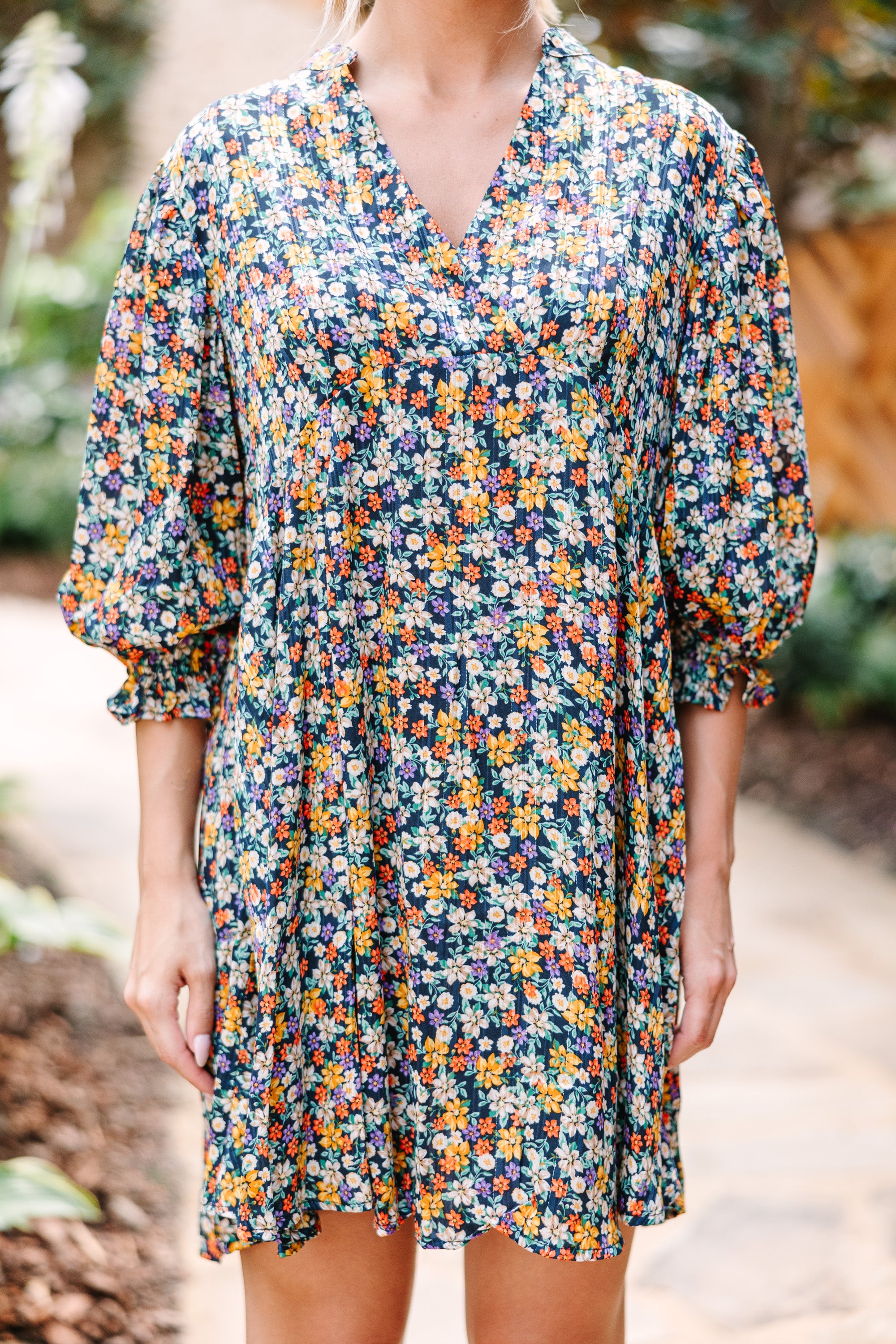 CHIRNAISHOP - Dance For Hours Navy Blue Ditsy Floral Dress