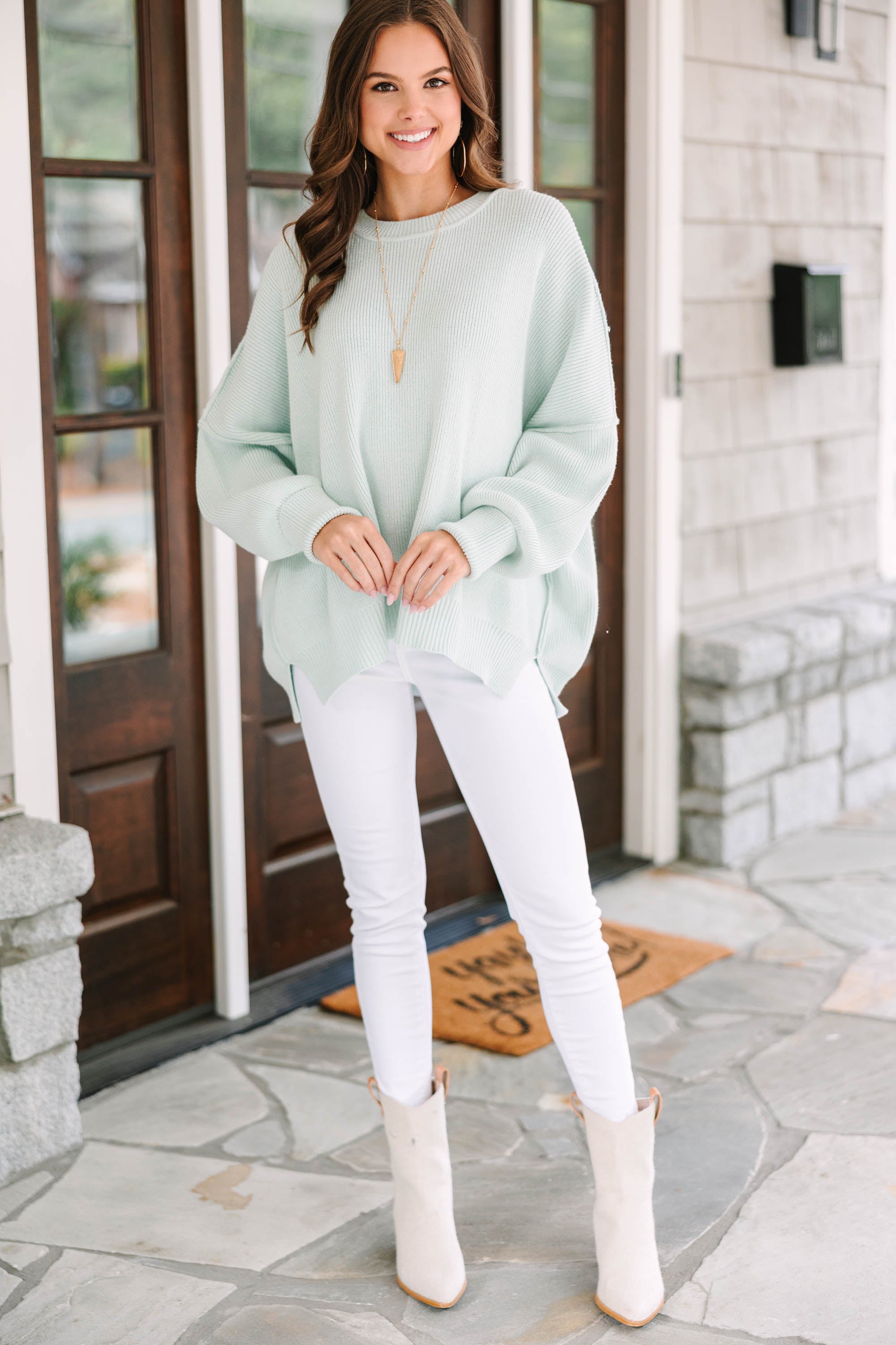 CHIRNAISHOP - Give You Joy Light Green Dolman Sweater