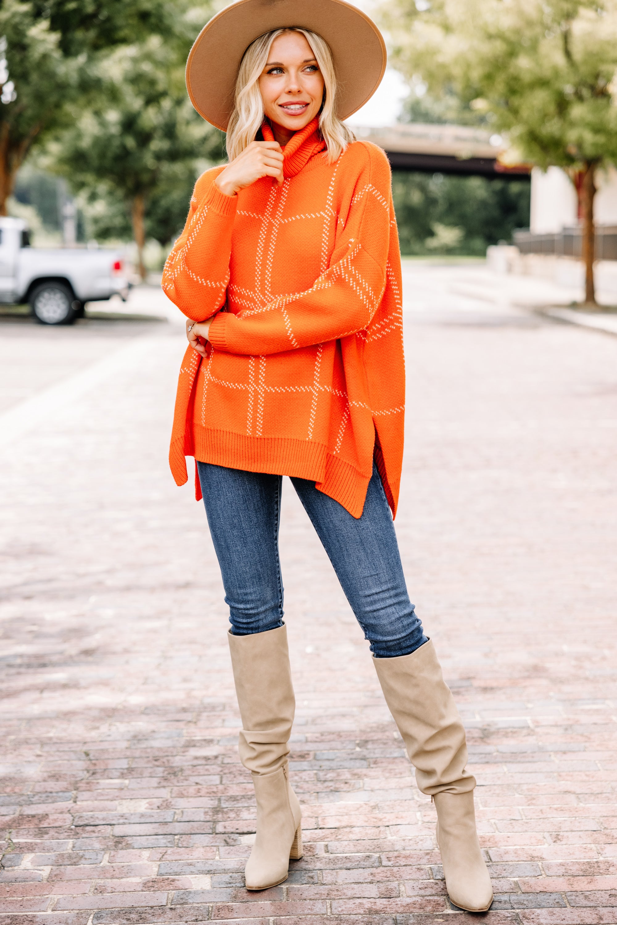 CHIRNAISHOP - Mountain Views Orange Plaid Sweater