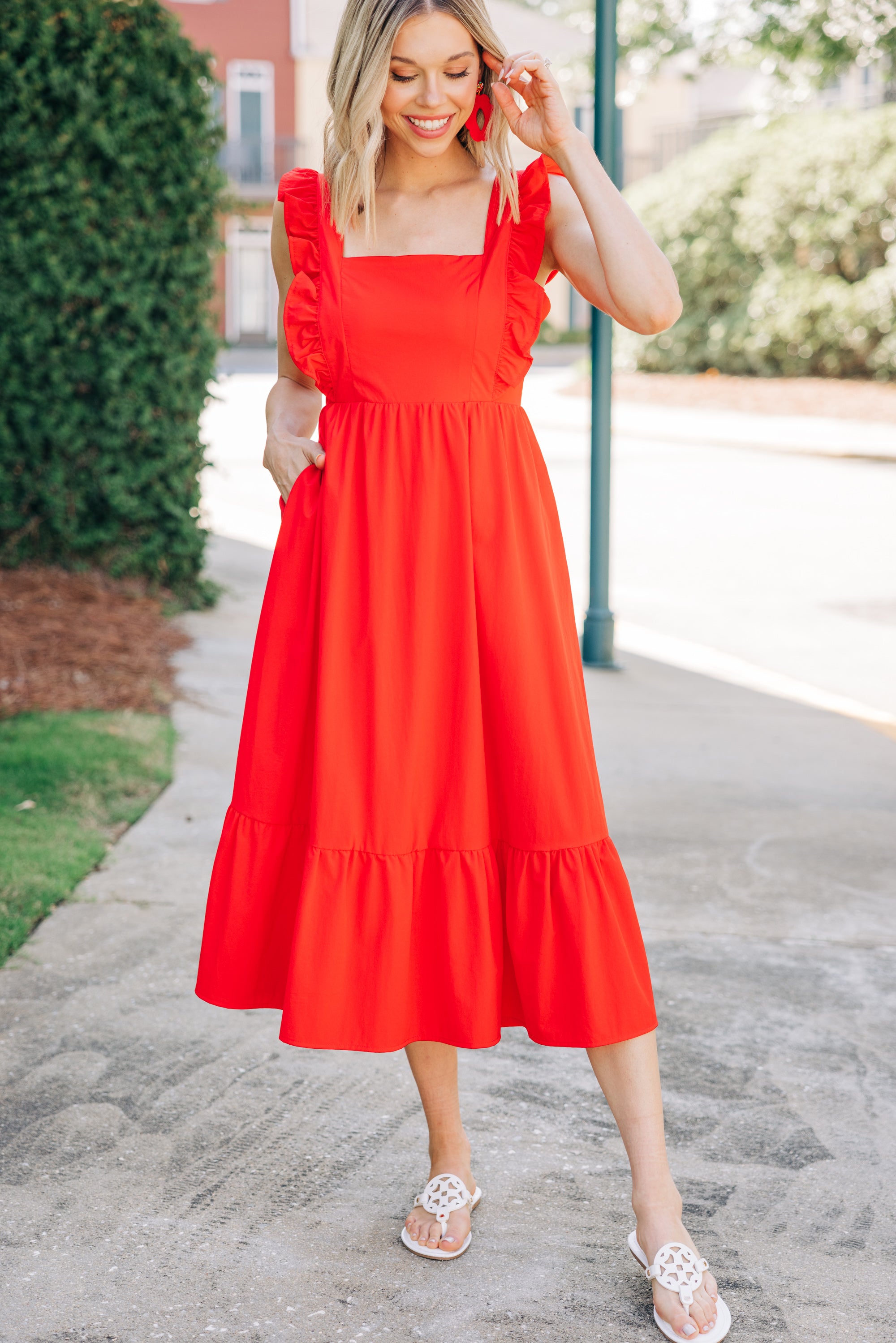 CHIRNAISHOP - What You're Looking For Coral Red Ruffled Midi Dress