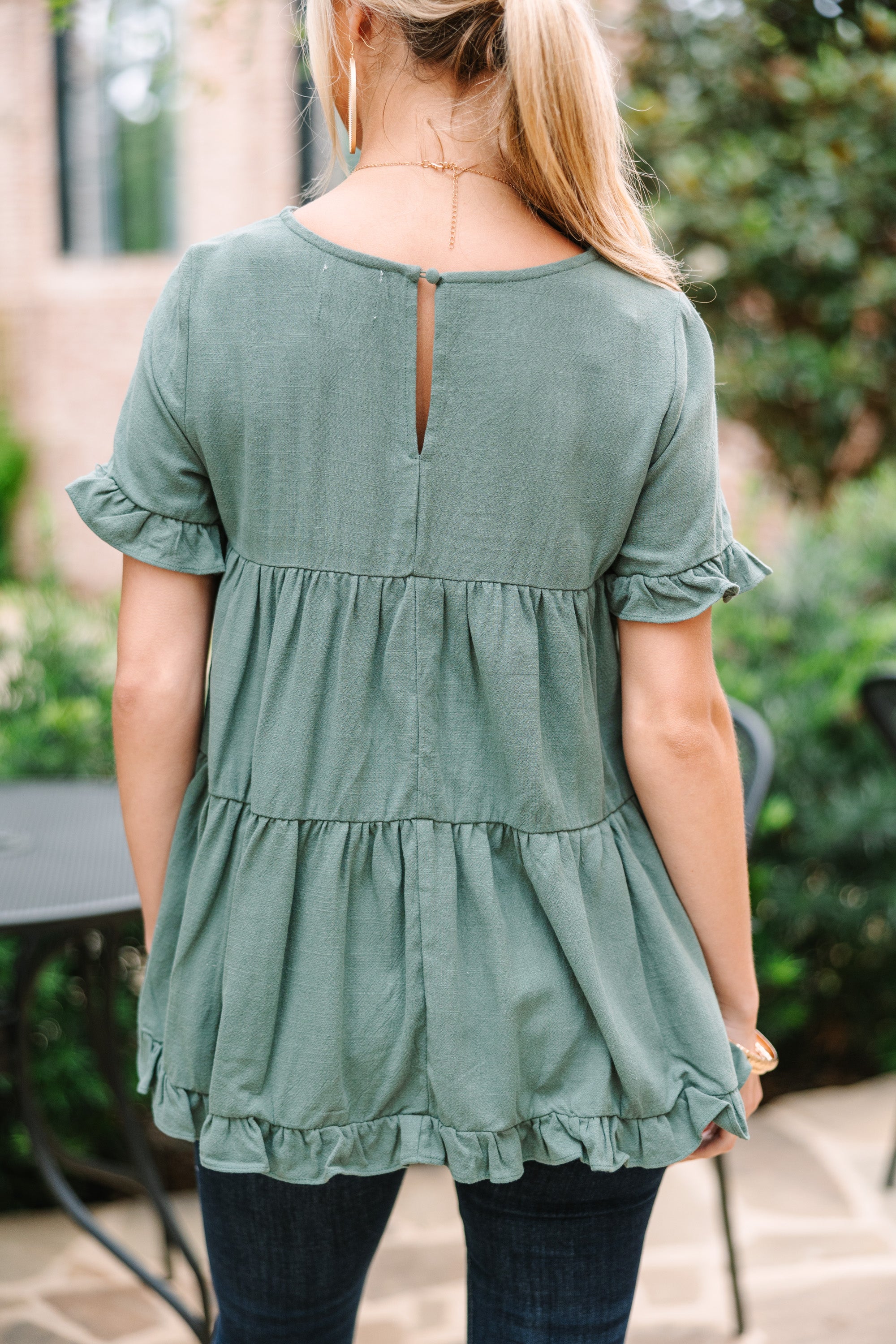 CHIRNAISHOP - All Eyes On Me Lagoon Green Linen Babydoll Top