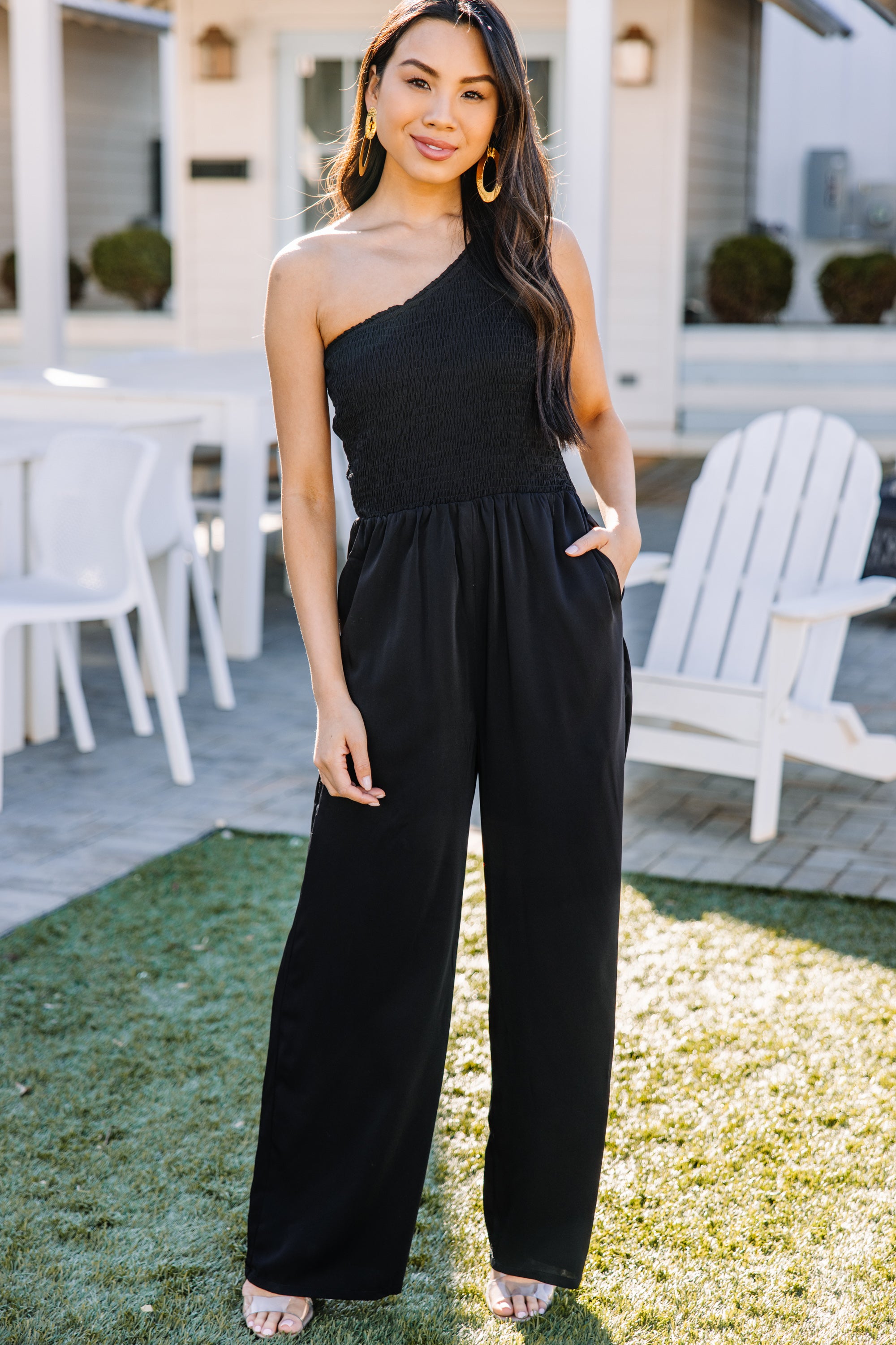 CHIRNAISHOP - Can't Look Away Black Smocked Jumpsuit