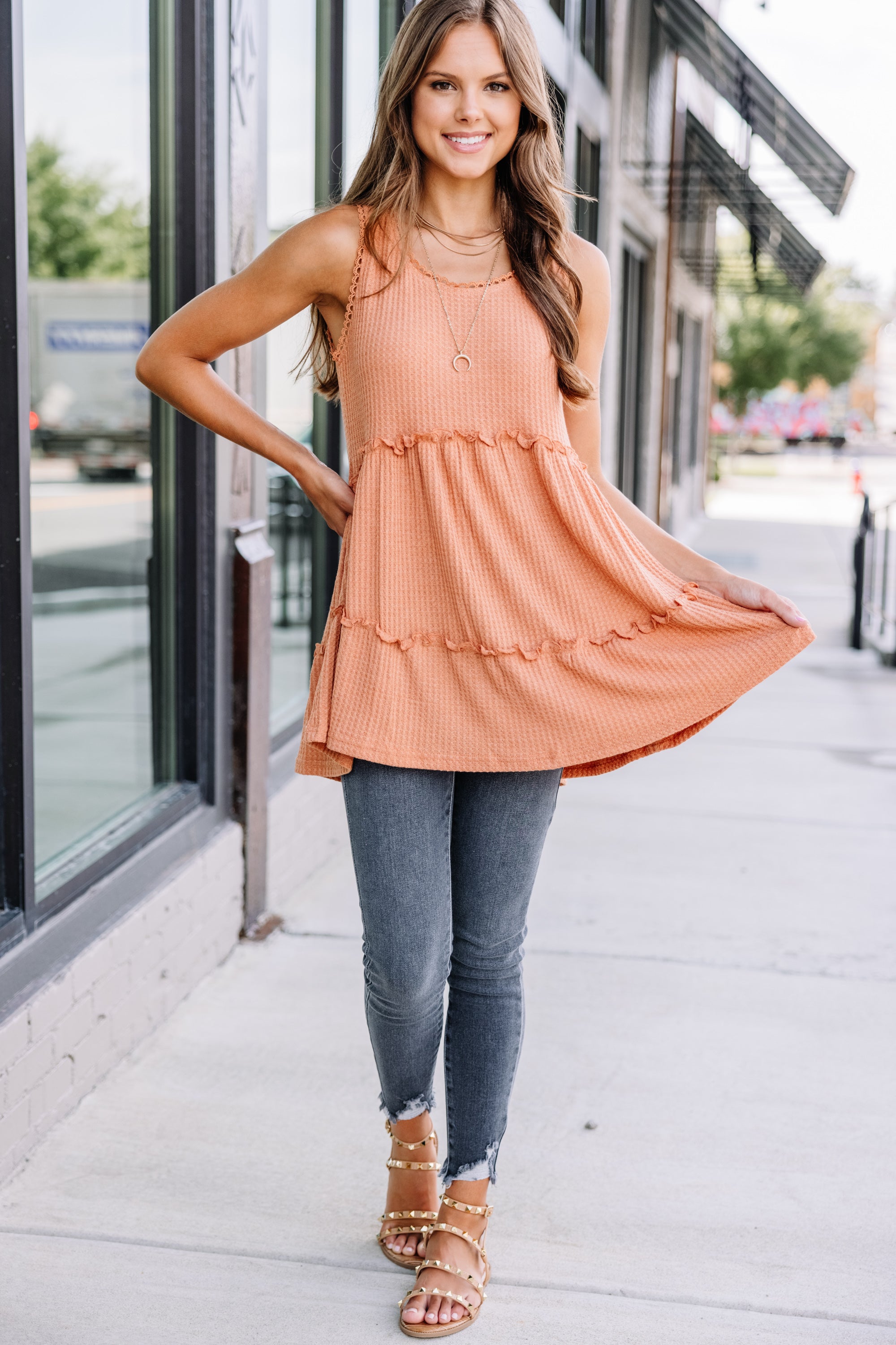 CHIRNAISHOP - Know It All Rust Orange Waffle Tank