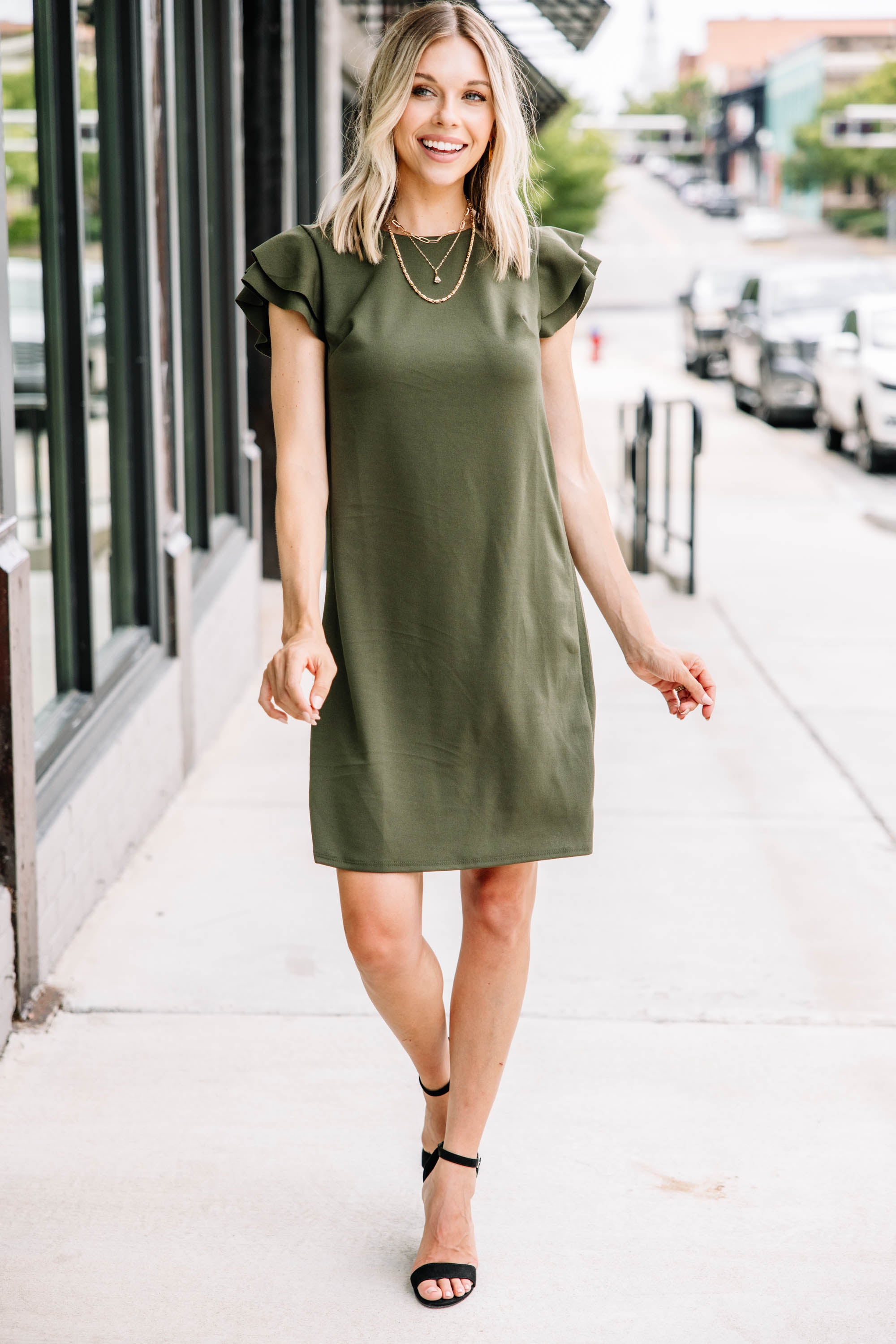 CHIRNAISHOP - Beauty Bound Olive Green Ruffled Sleeve Dress