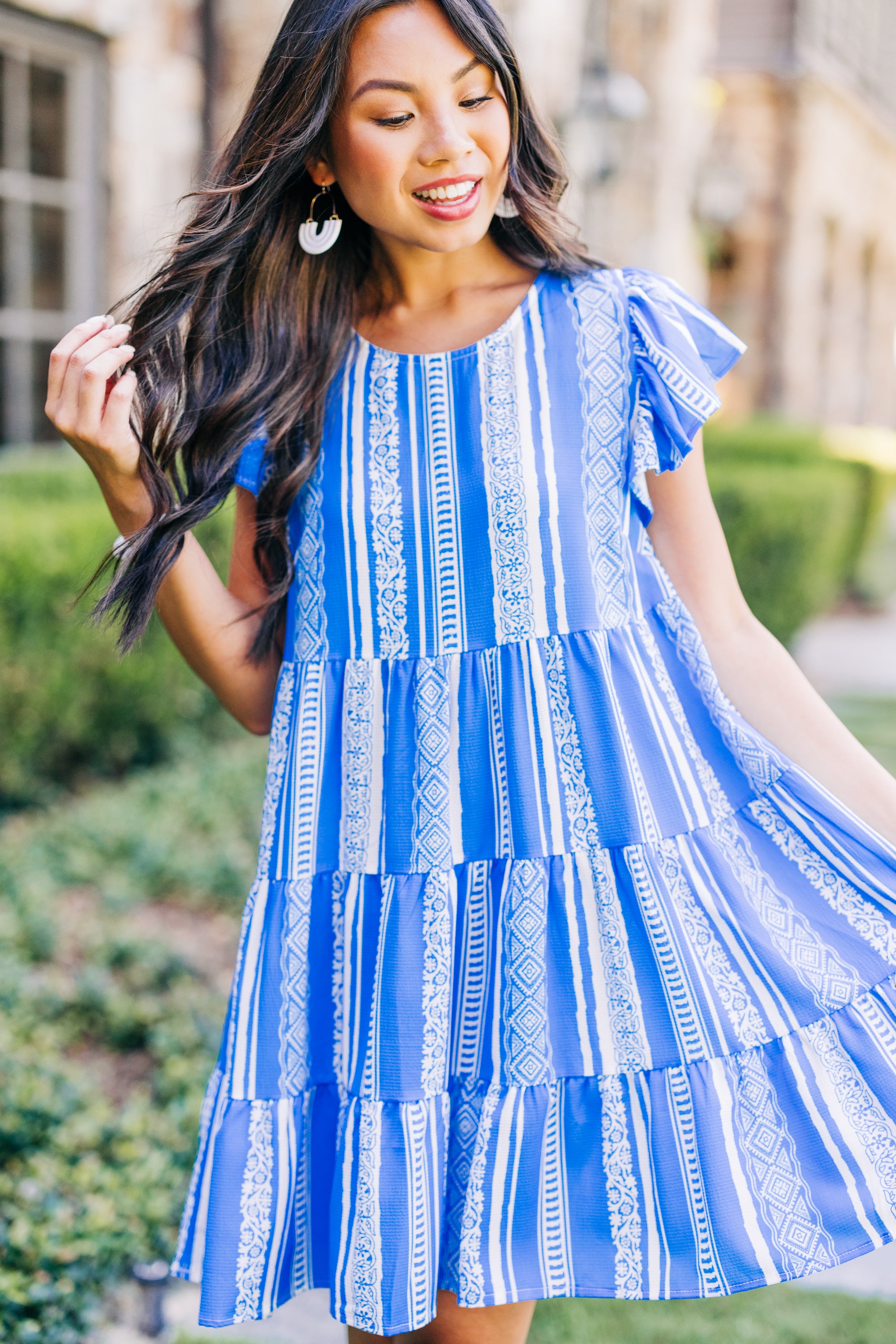 CHIRNAISHOP - Just A Feeling Royal Blue Aztec Striped Dress