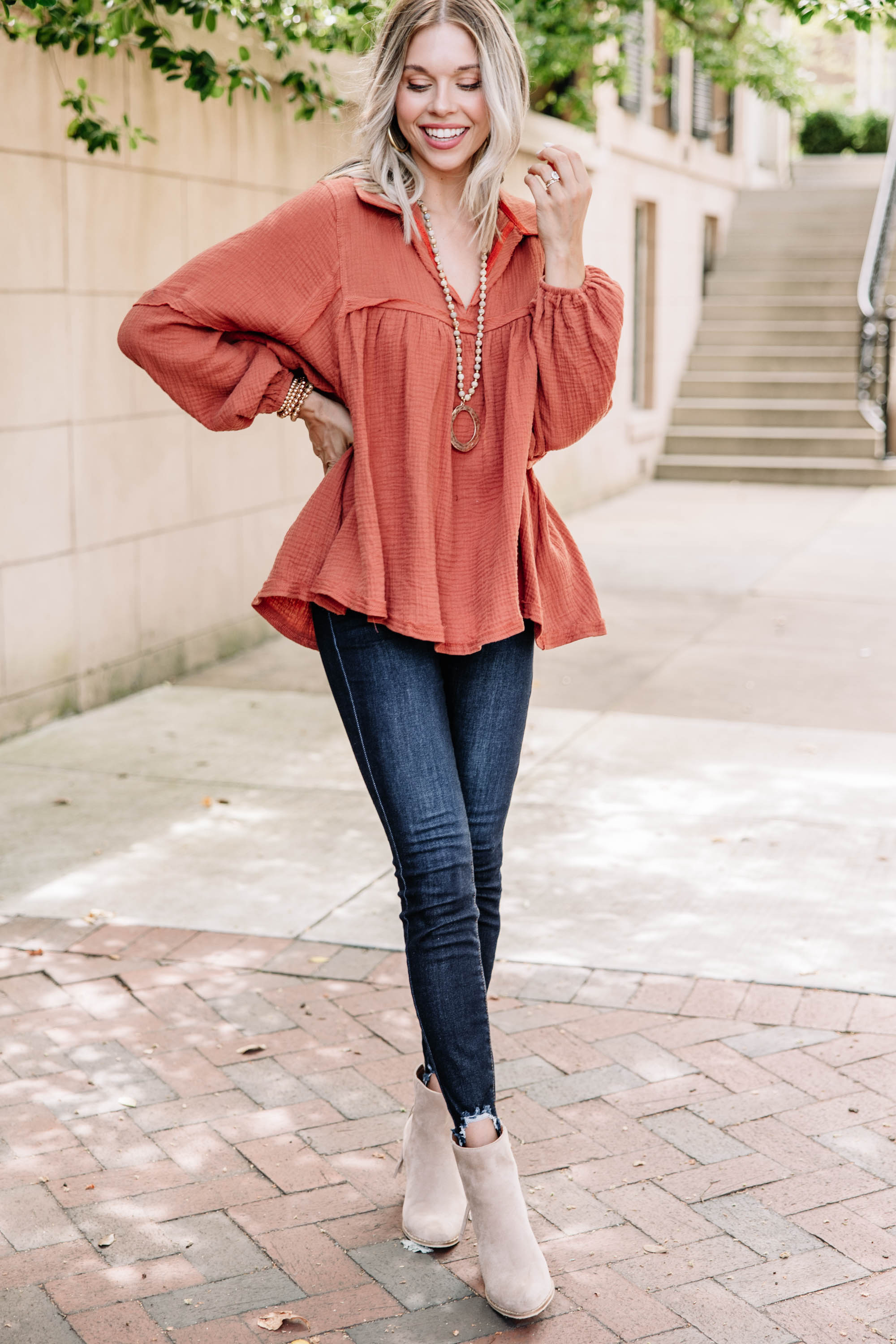 CHIRNAISHOP - Love Life Rust Orange Babydoll Top