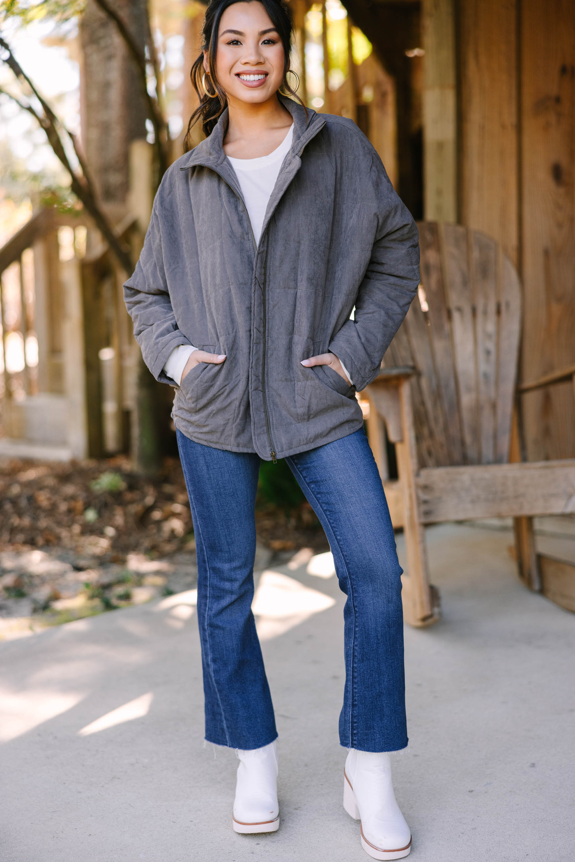 CHIRNAISHOP - Think For Yourself Charcoal Gray Quilted Jacket