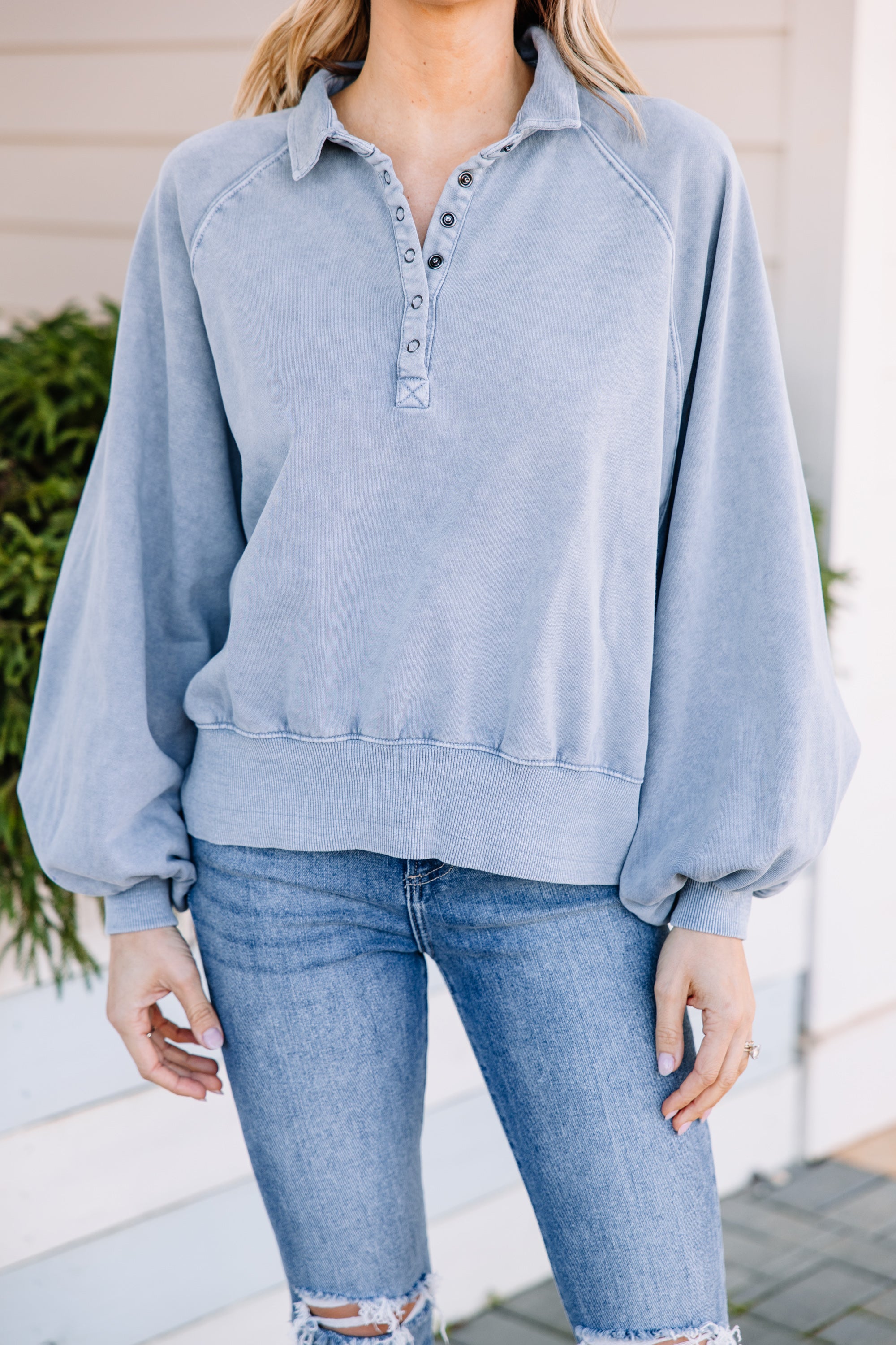 CHIRNAISHOP - Look It Up Slate Blue Half Snap Pullover