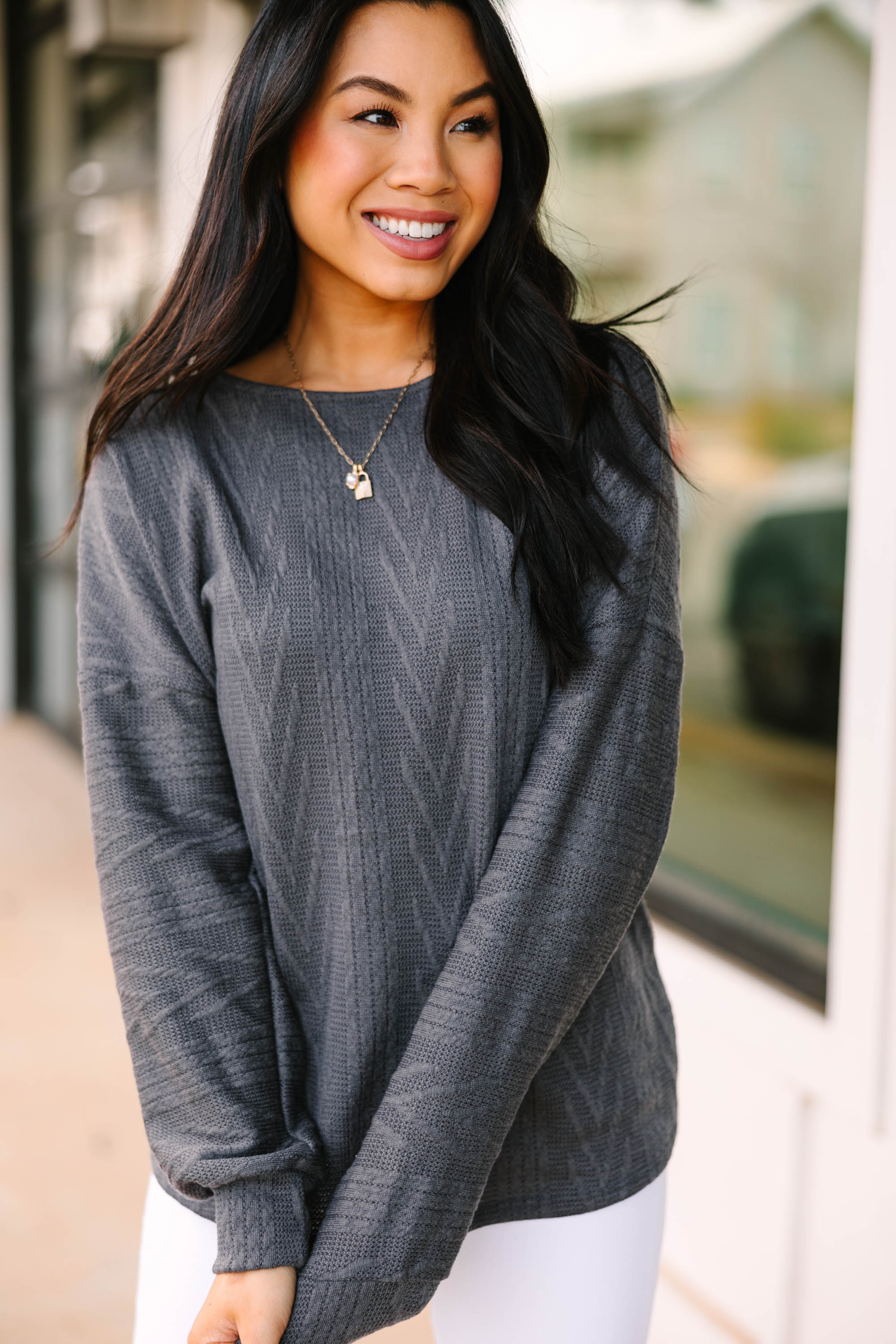 CHIRNAISHOP - The Slouchy Ash Gray Cable Knit Top