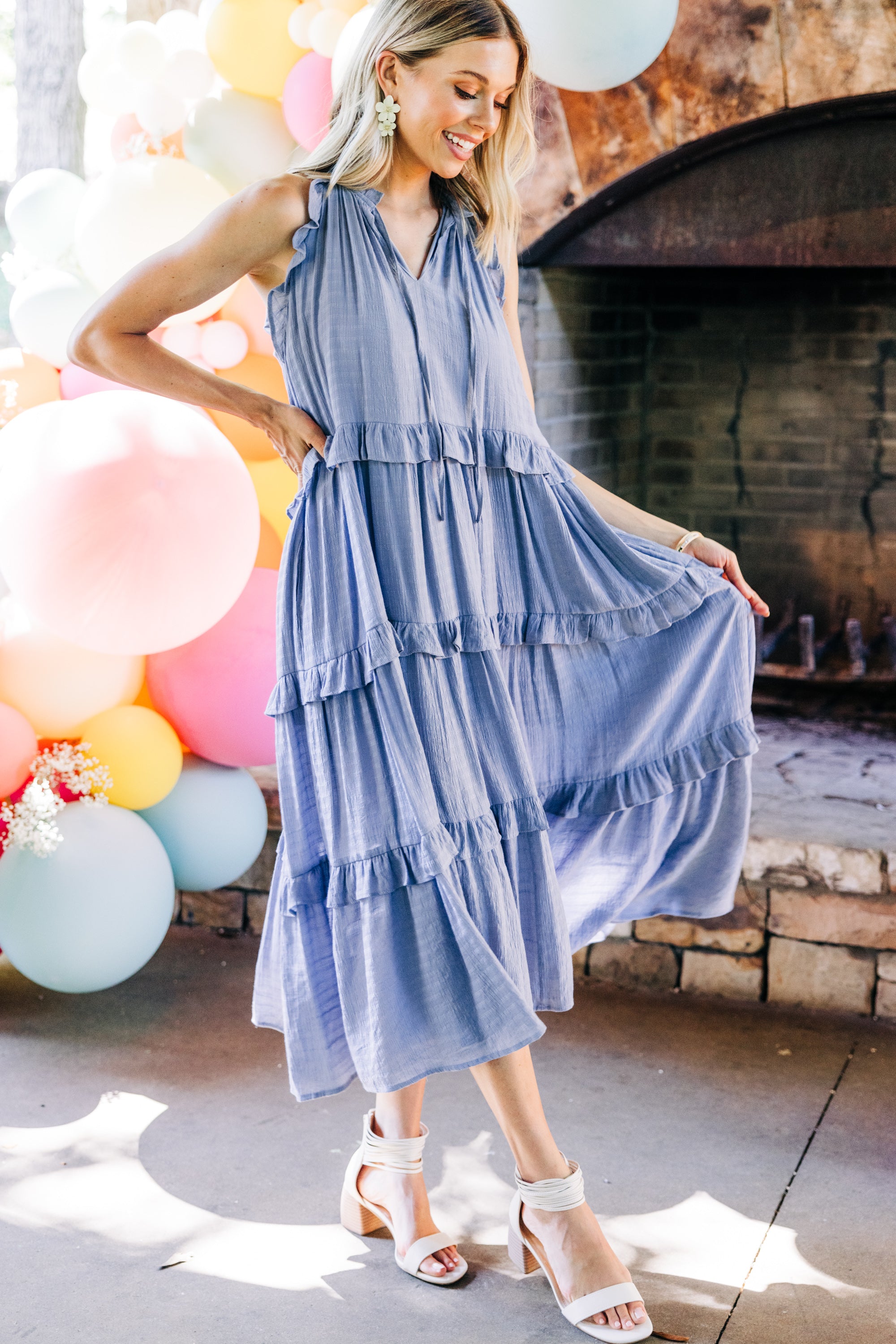 CHIRNAISHOP - Pursue Perfection Chambray Blue Ruffled Midi Dress