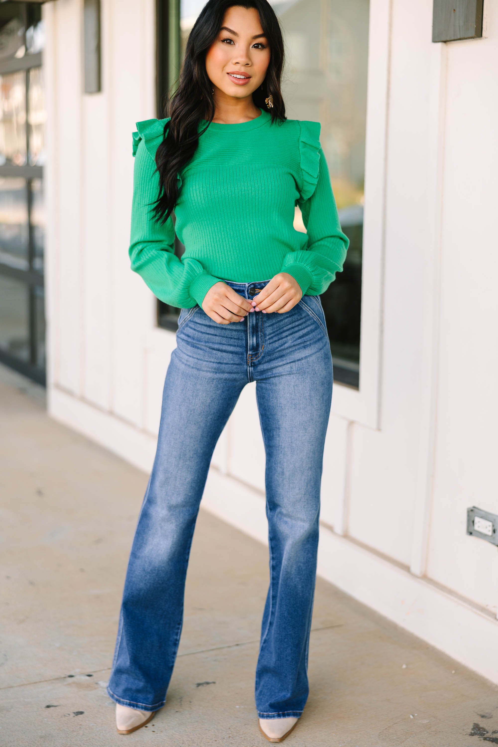 CHIRNAISHOP - Reach Out Kelly Green Ruffled Sweater