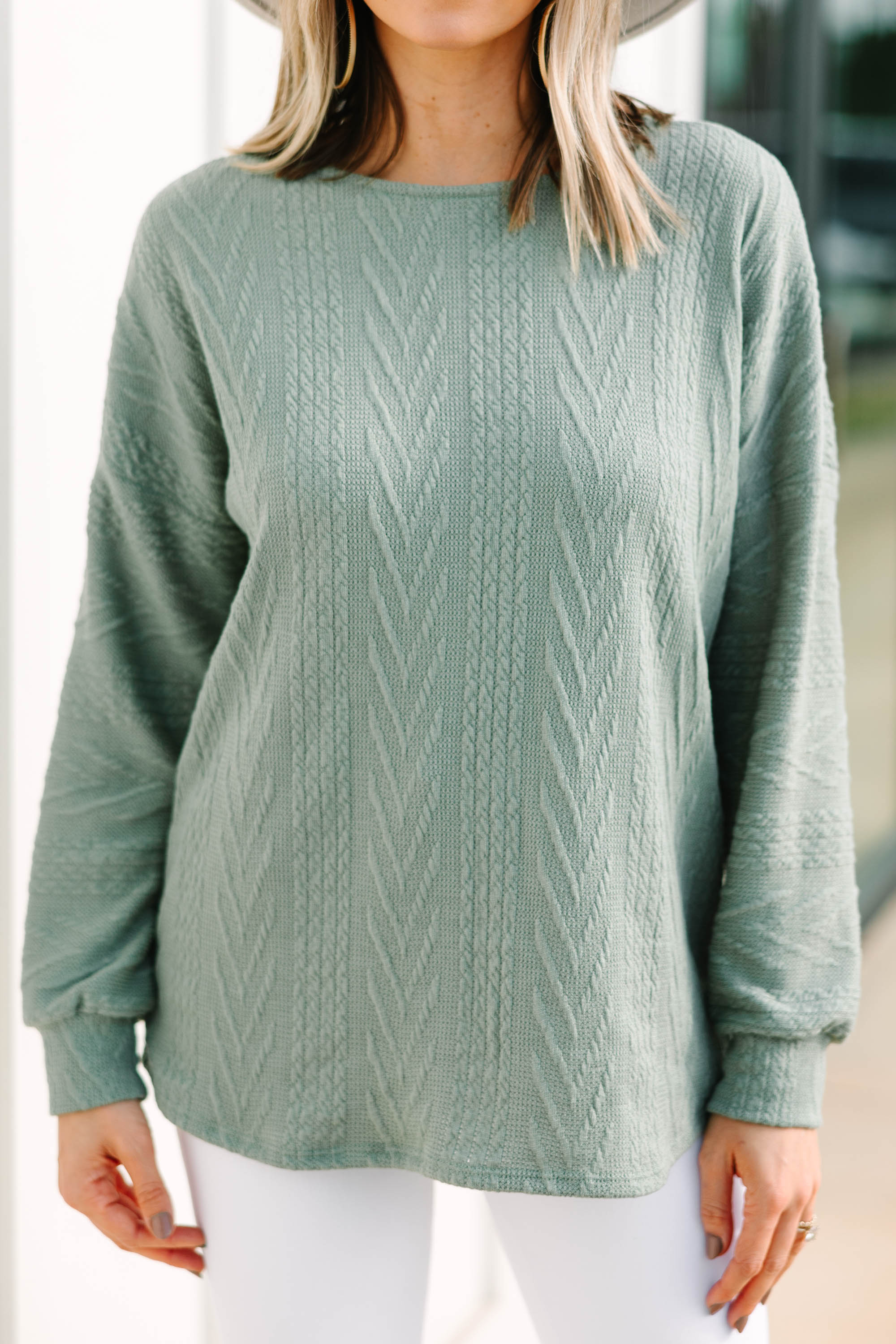CHIRNAISHOP - The Slouchy Olive Green Cable Knit Top