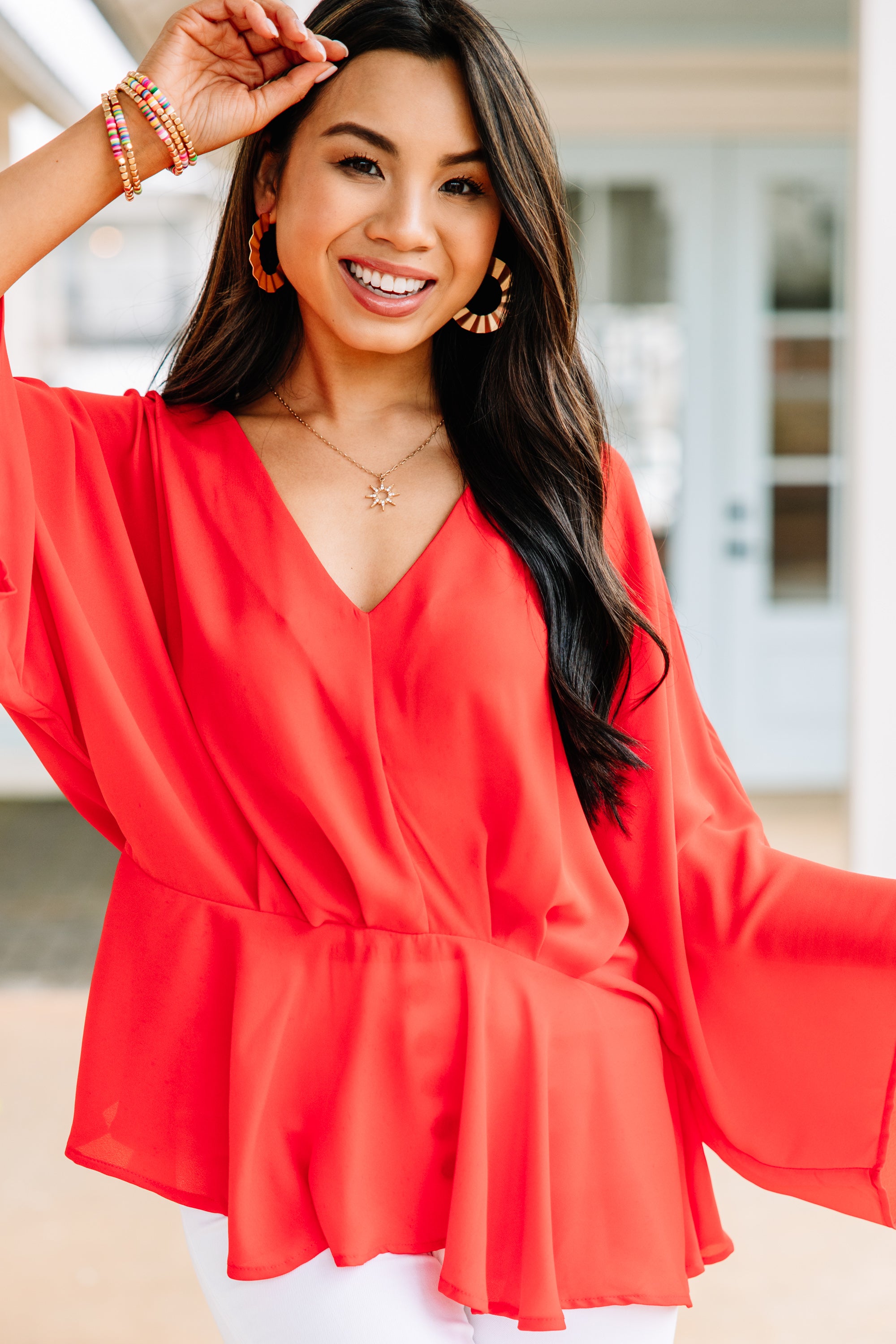 CHIRNAISHOP - Tell It All Red Kimono Sleeve Blouse