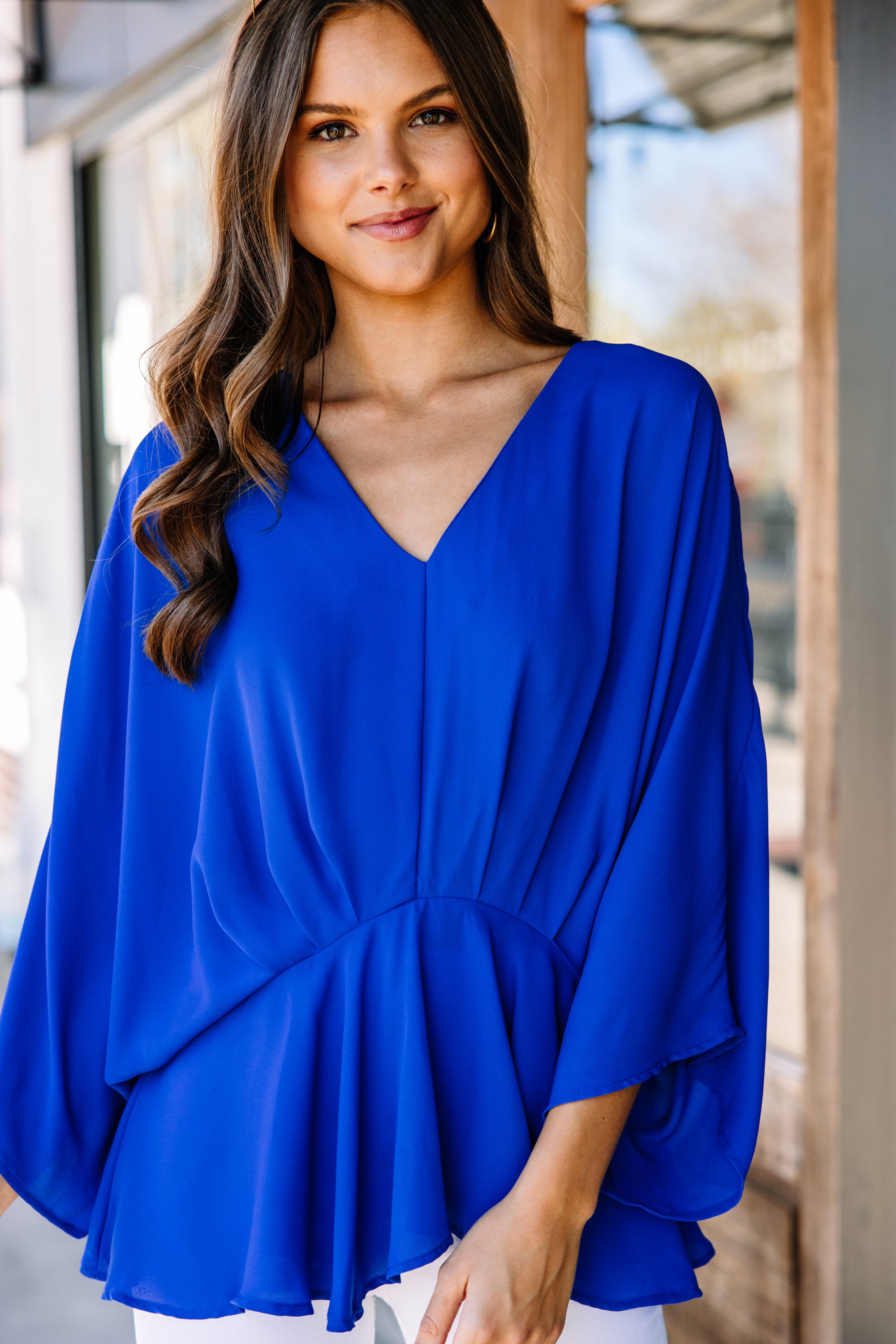 CHIRNAISHOP - Tell It All Royal Blue Kimono Sleeve Blouse