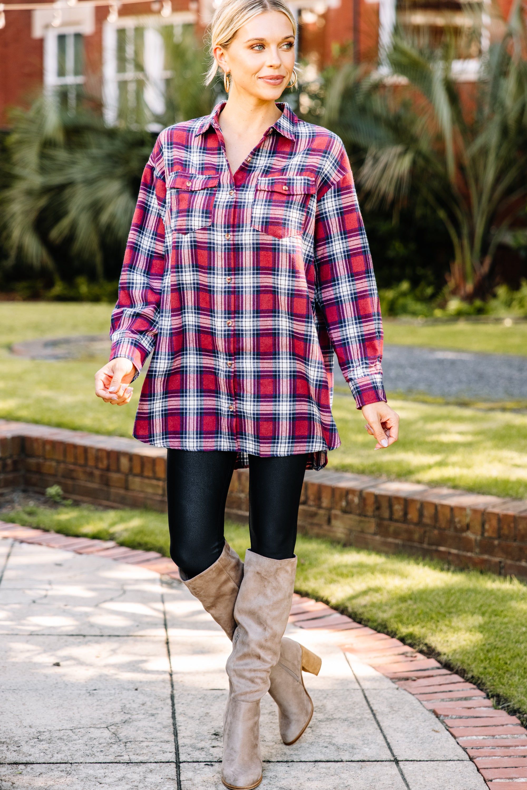 CHIRNAISHOP - Simple Solutions Burgundy Red Plaid Button Down Top