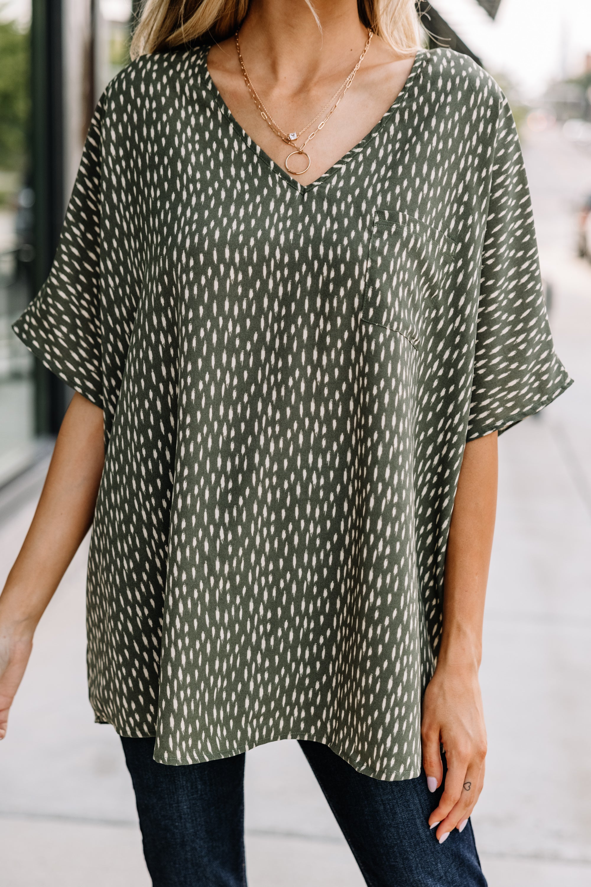 CHIRNAISHOP - On The Right Track Olive Green Spotted Top