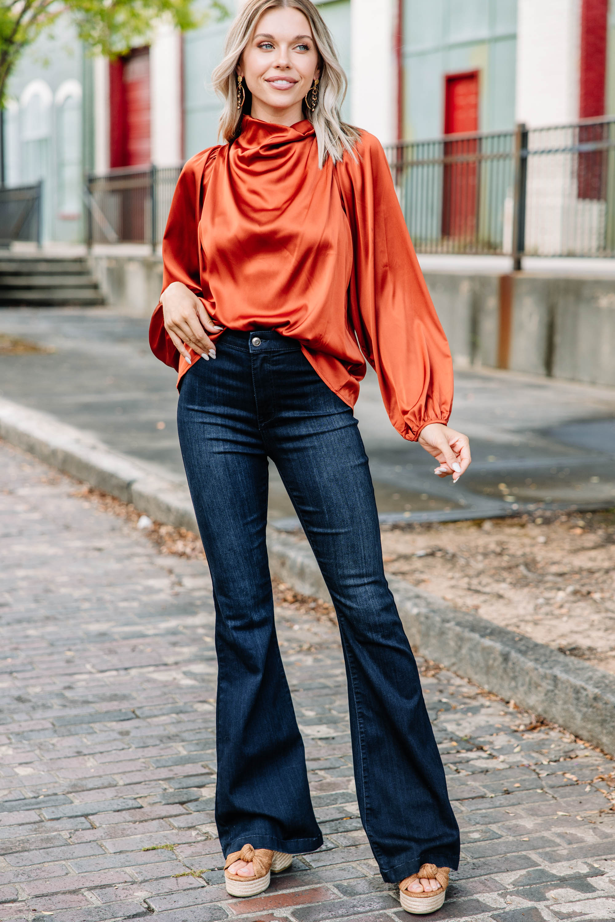 CHIRNAISHOP - Embrace The Joy Rust Orange Satin Blouse