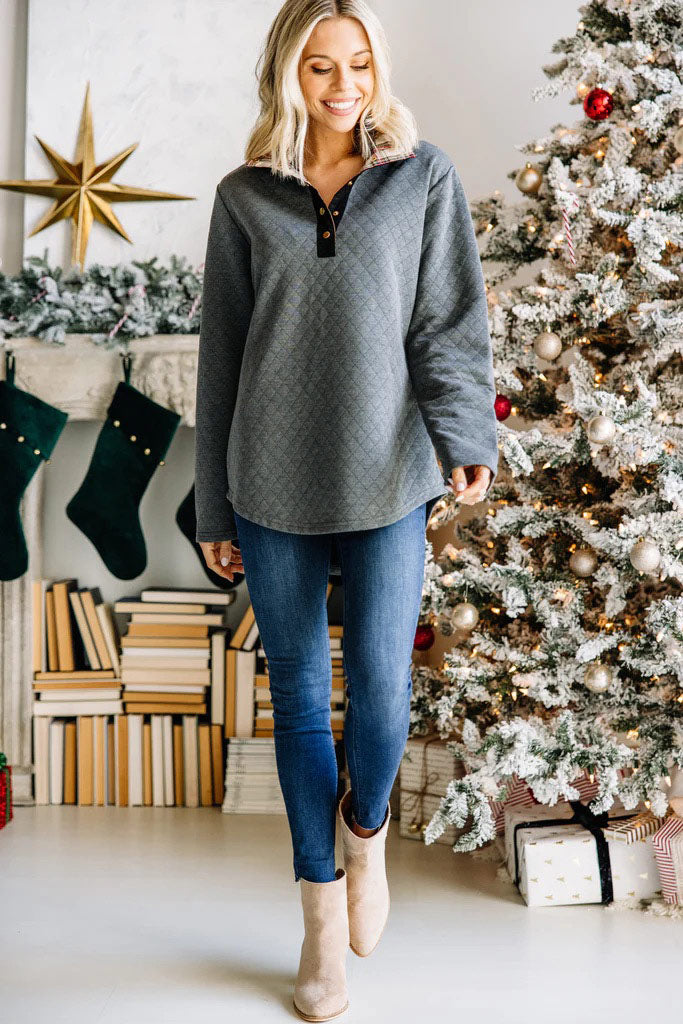 CHIRNAISHOP - Out And About Charcoal Gray Quilted Pullover