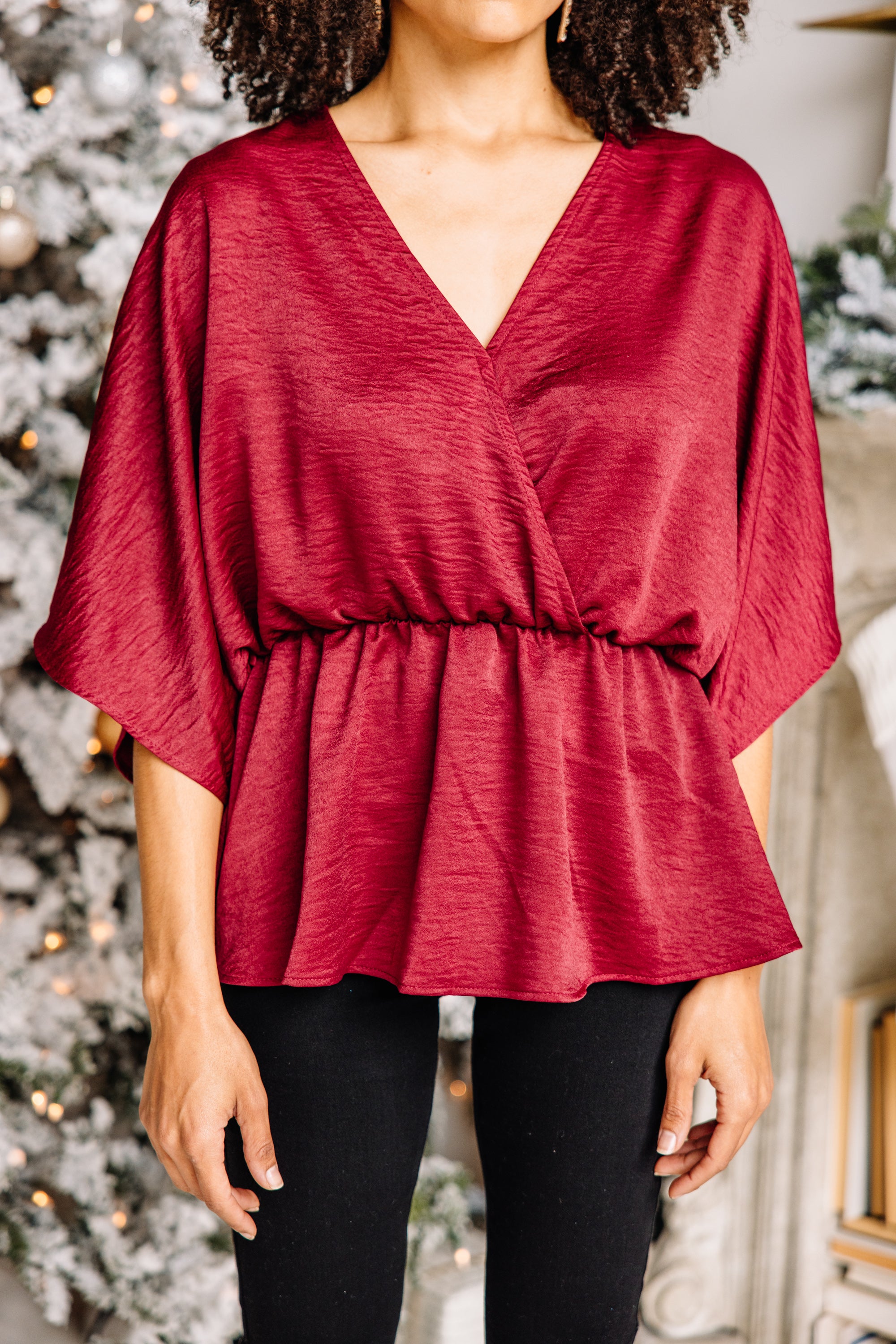 CHIRNAISHOP - Show Out Burgundy Red Satin Blouse