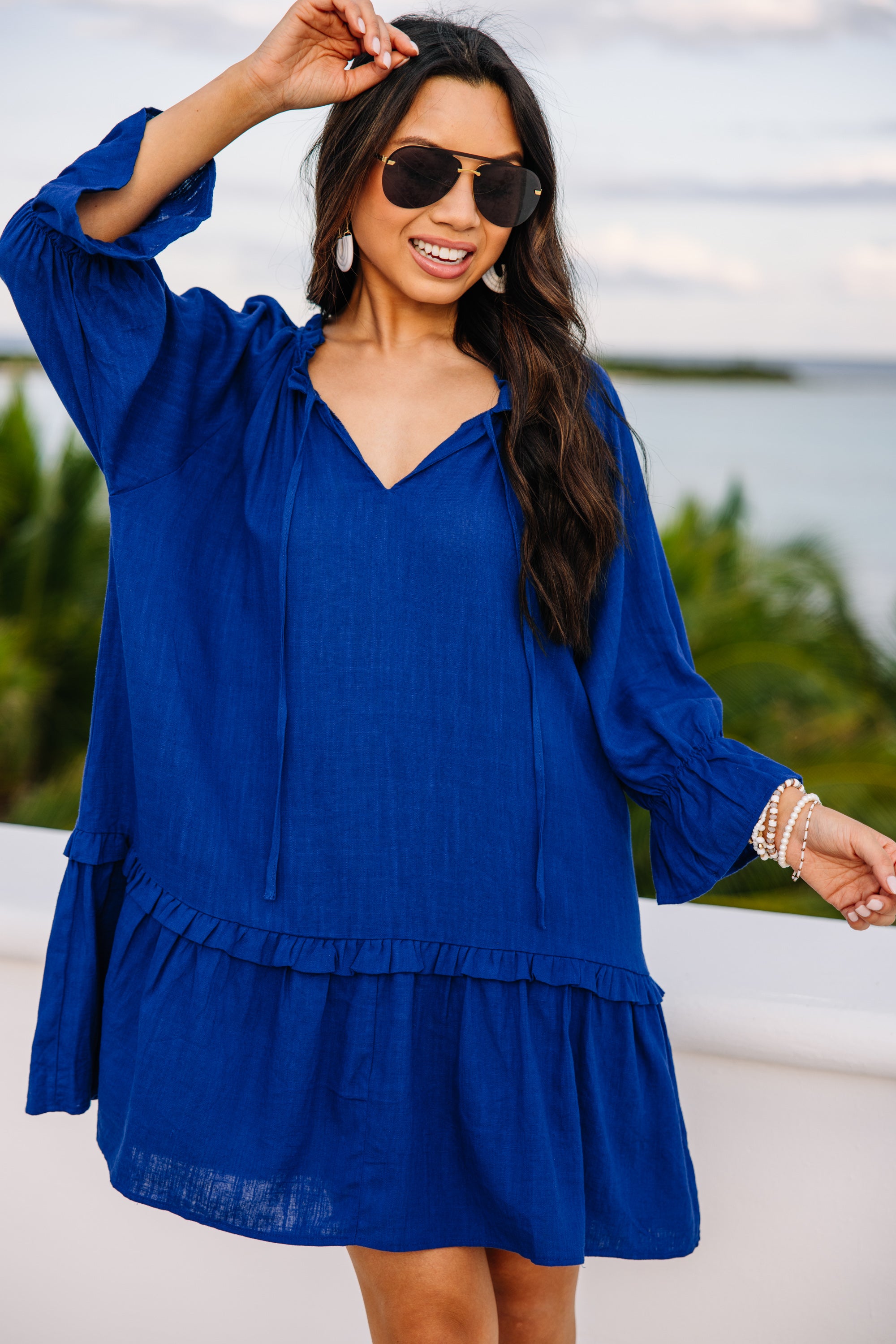 CHIRNAISHOP - Always In The Lead Ocean Blue Linen Dress