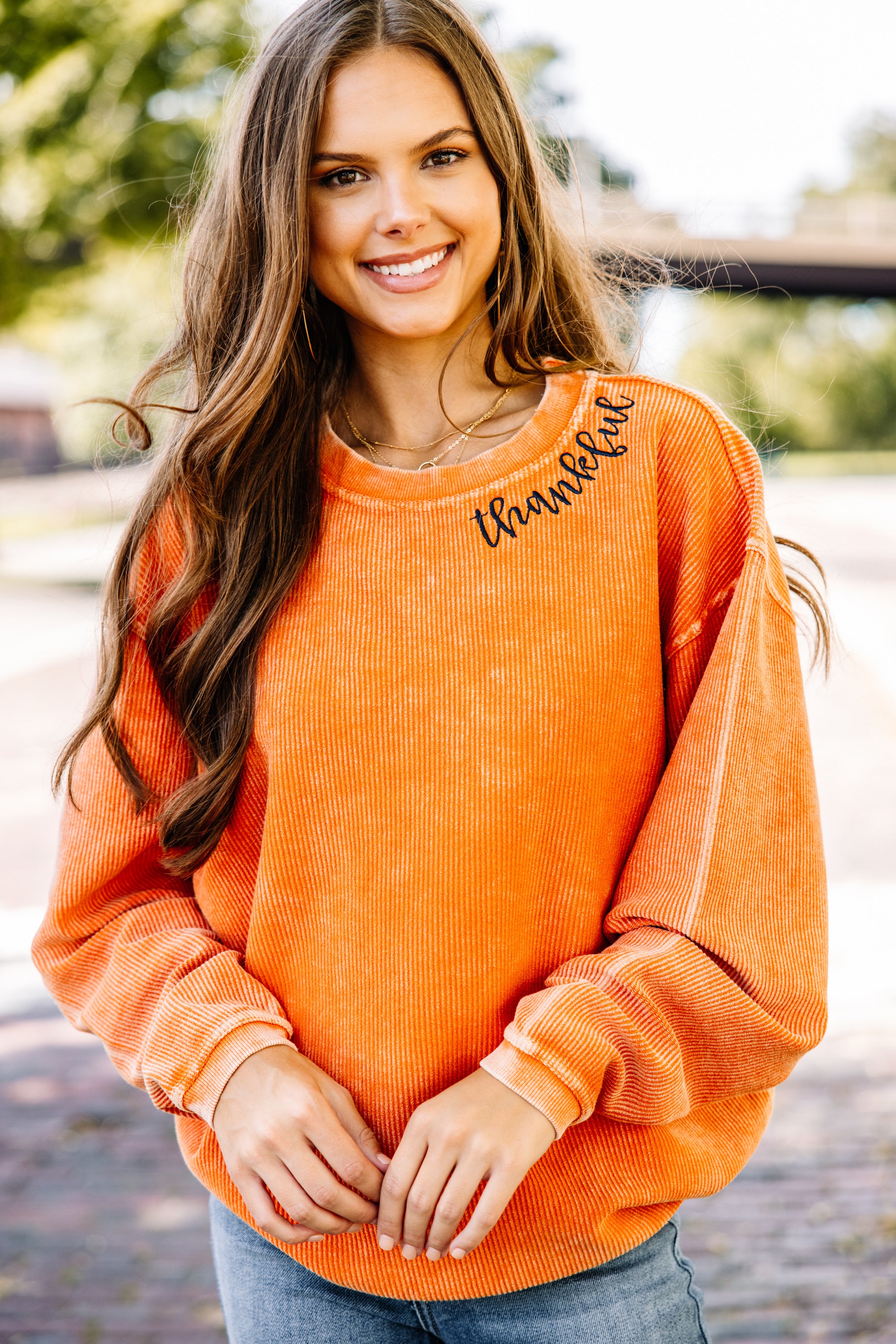 CHIRNAISHOP - Thankful Burnt Orange Corded Embroidered Sweatshirt