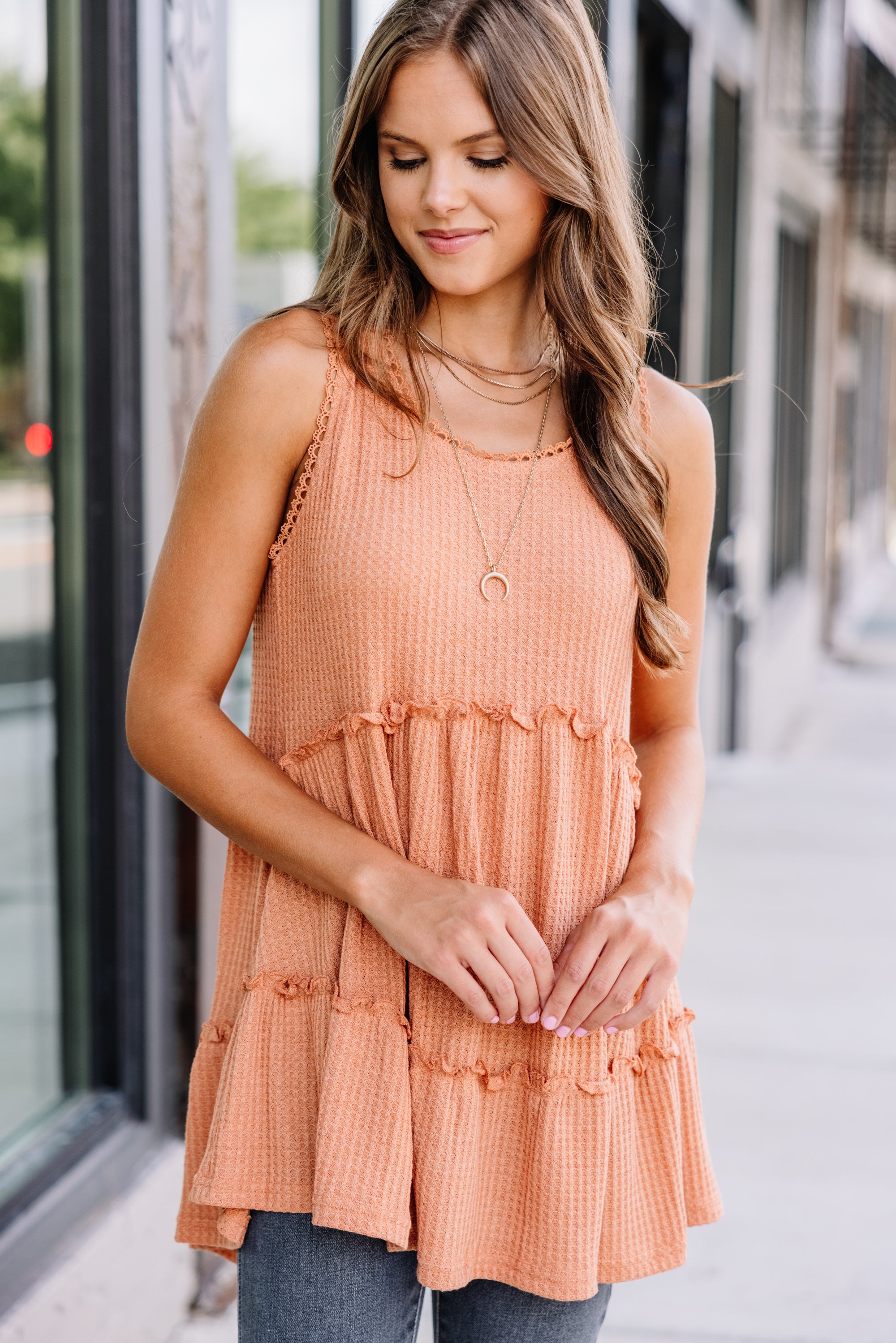 CHIRNAISHOP - Know It All Rust Orange Waffle Tank